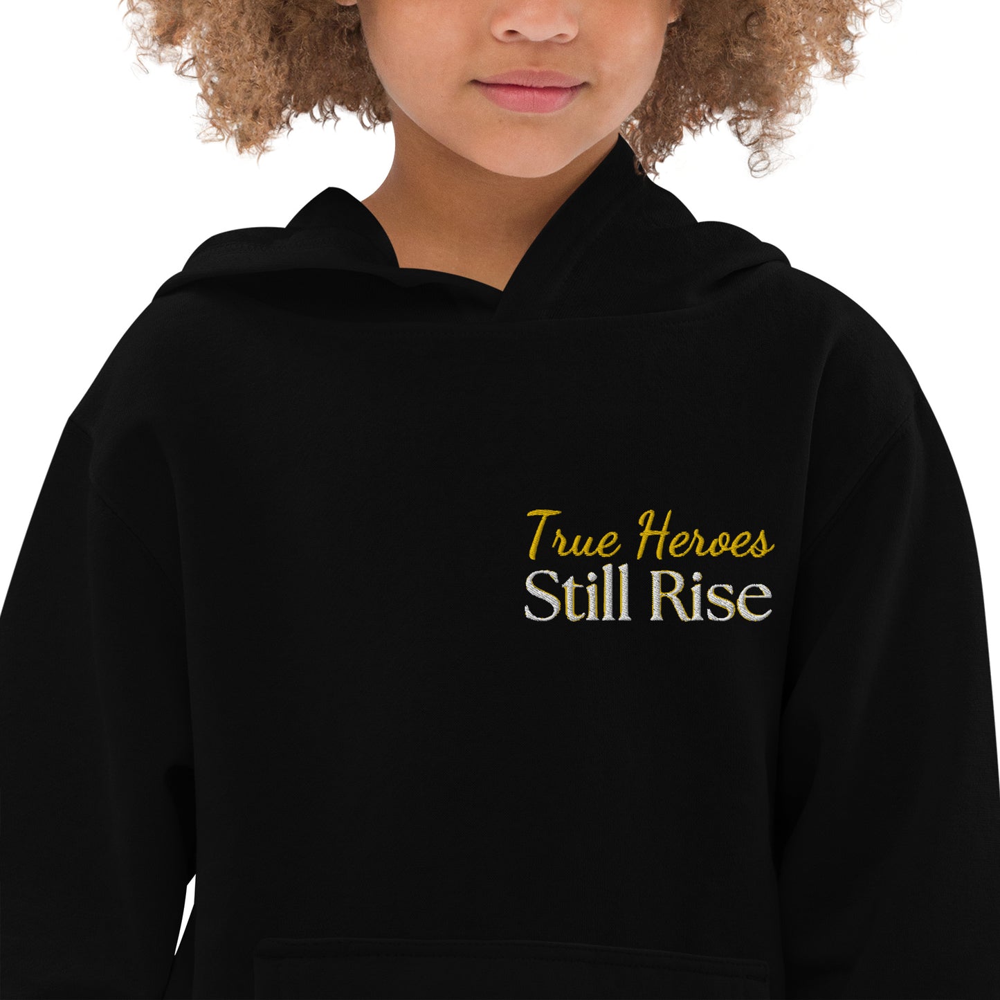 THSR Youth Pullover Hoodies with Left-Chest Logo – Black or White Pullover Hoodies Featuring Bold Gold "True Heroes Still Rise" Design for Kids