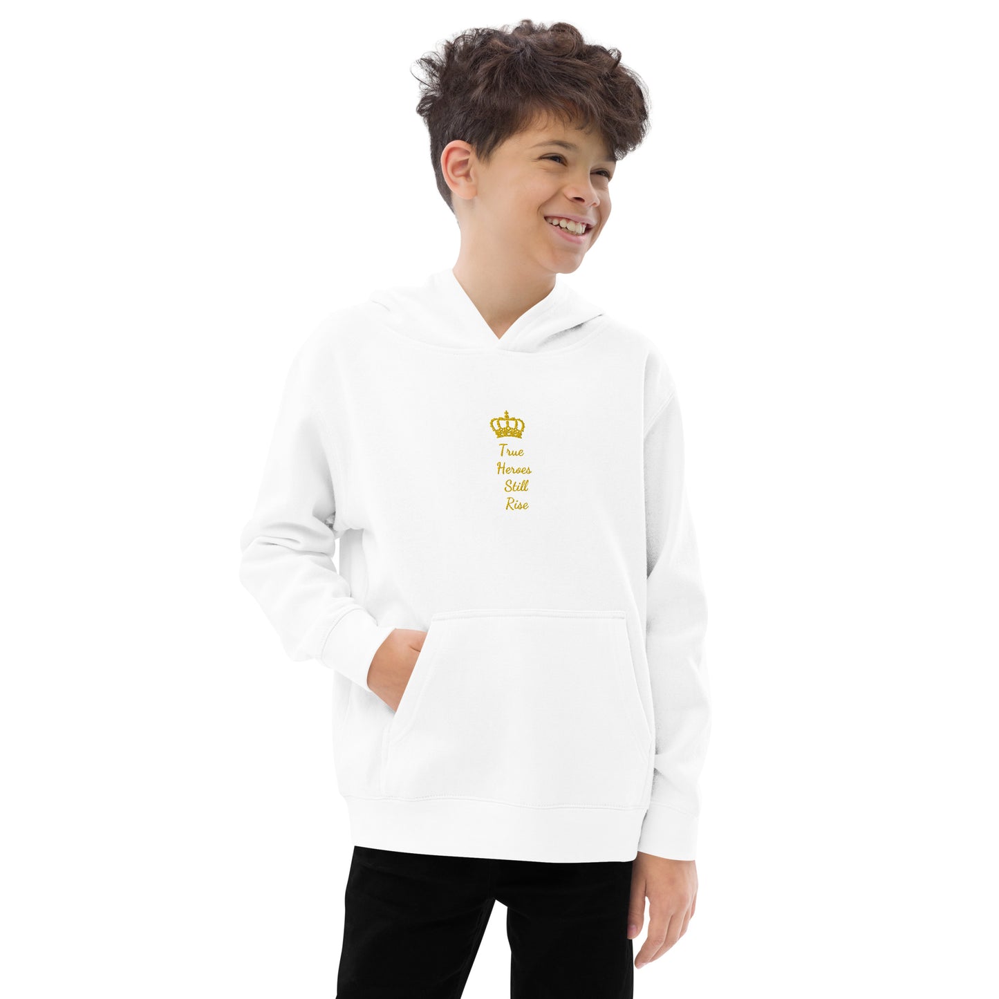 THSR Youth Pullover Hoodies with Center-Chest Logo – Black or White Pullover Hoodies Featuring Gold "True Heroes Still Rise" under a crown Design for Kids