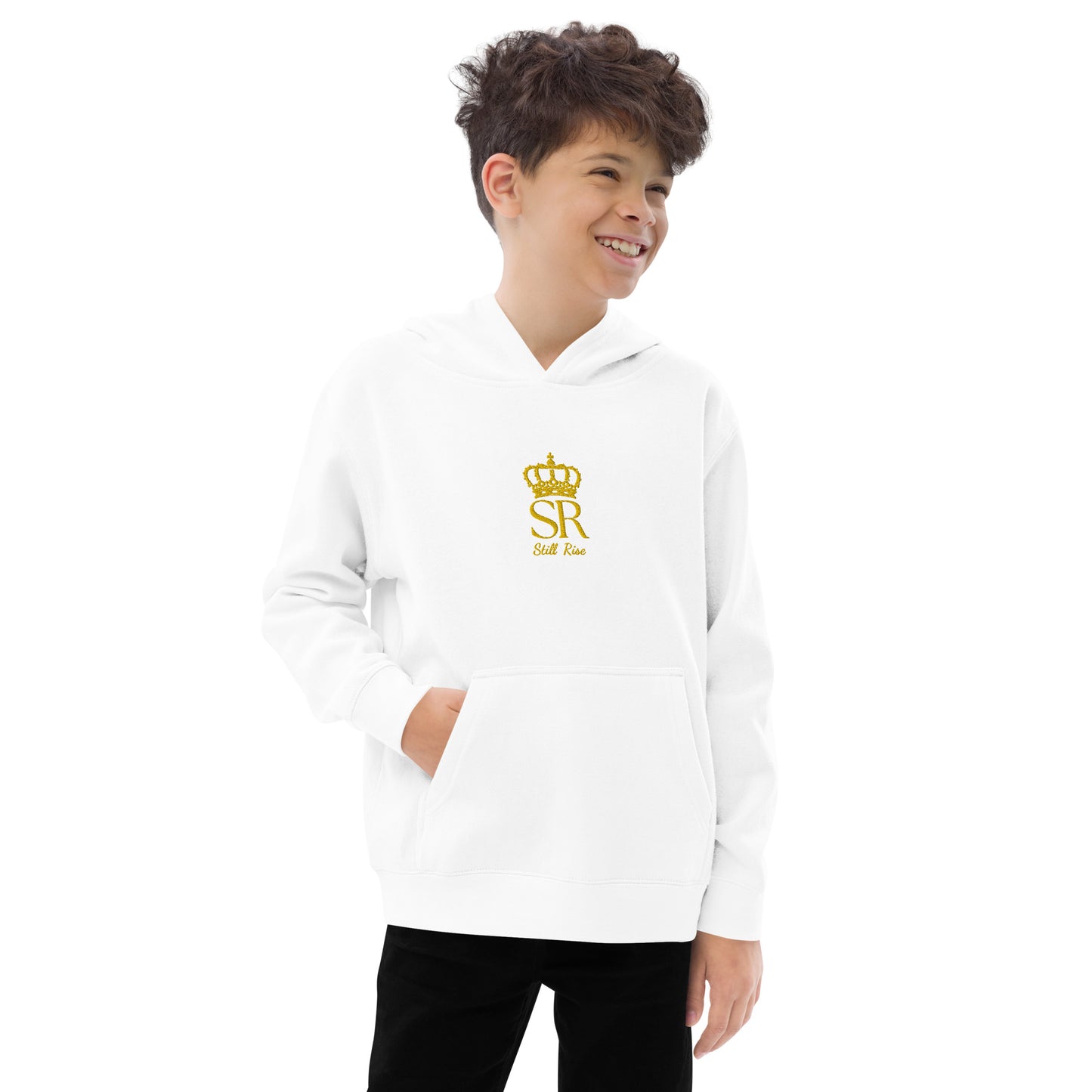 THSR Youth Pullover Hoodies with Center-Chest Logo – Black or White Pullover Hoodies Featuring Gold THSR "SR Still Rise" under a crown Design for Kids