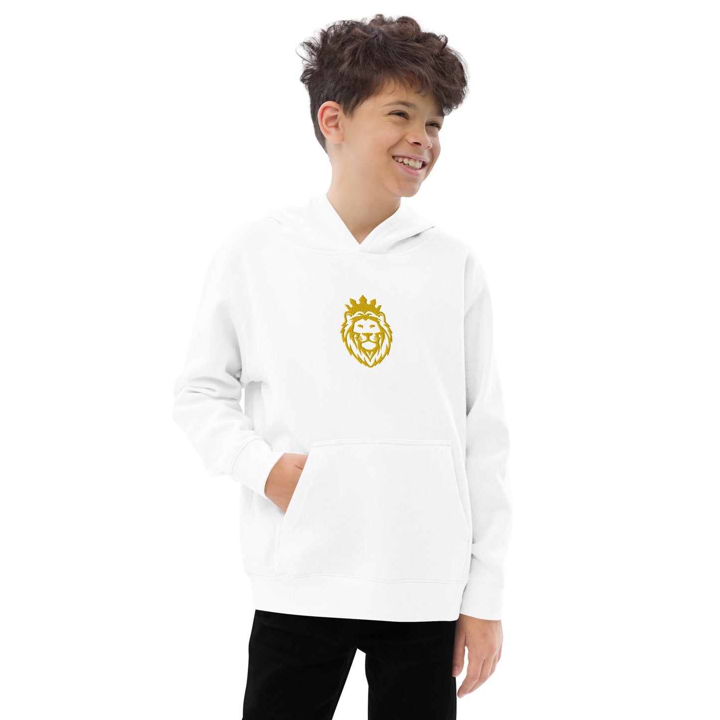 THSR Youth Pullover Hoodies with Center-Chest Logo – Black or White Pullover Hoodies Featuring Gold THSR KING Lion wearing a crown Design for Kids