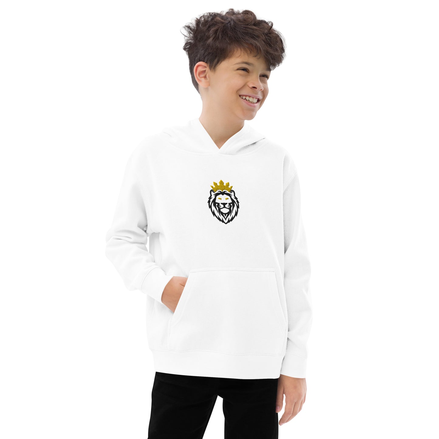 THSR Youth Pullover Hoodies with Center-Chest Logo – White Pullover Hoodies Featuring Black & Gold THSR KING Lion wearing a crown Design for Kids