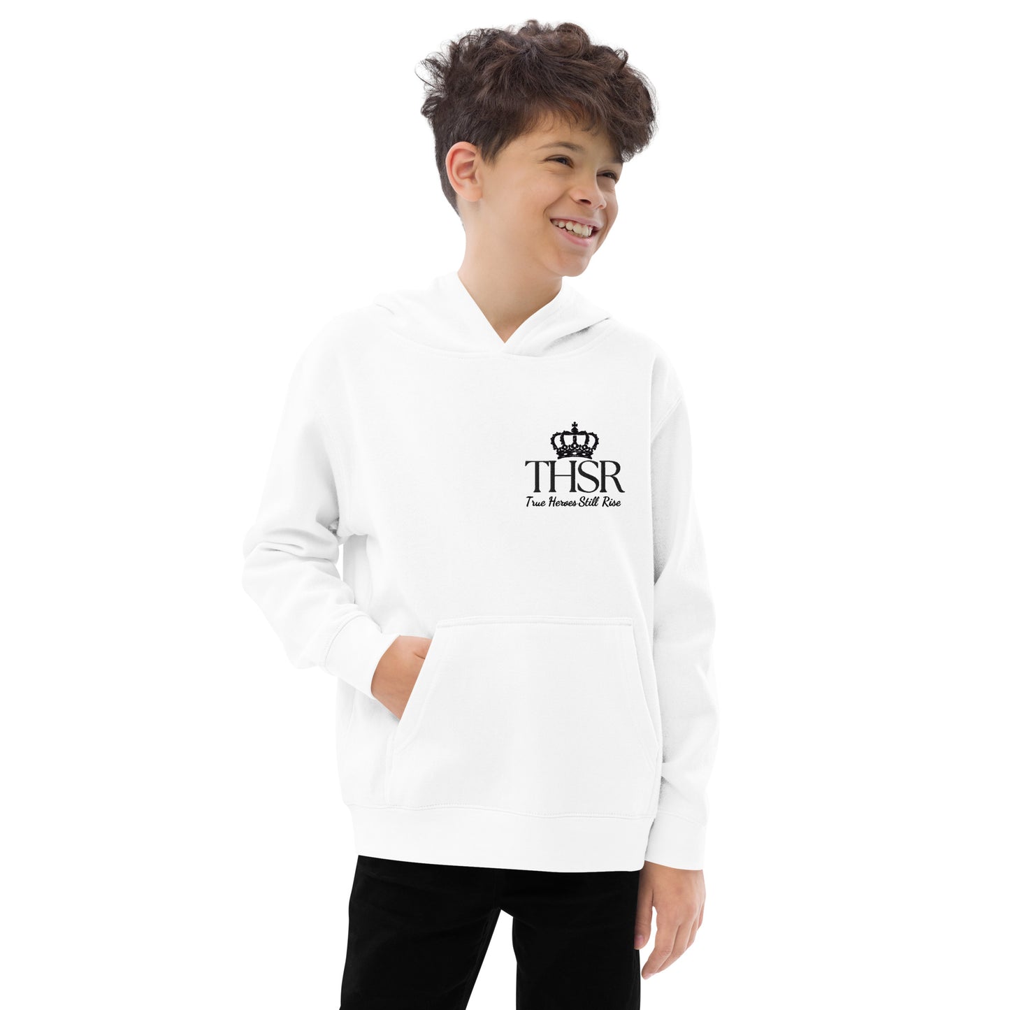 THSR Youth Pullover Hoodies with Left-Chest Logo – White Pullover Hoodies Featuring Black "THSR True Heroes Still Rise" under a crown Design for Kids