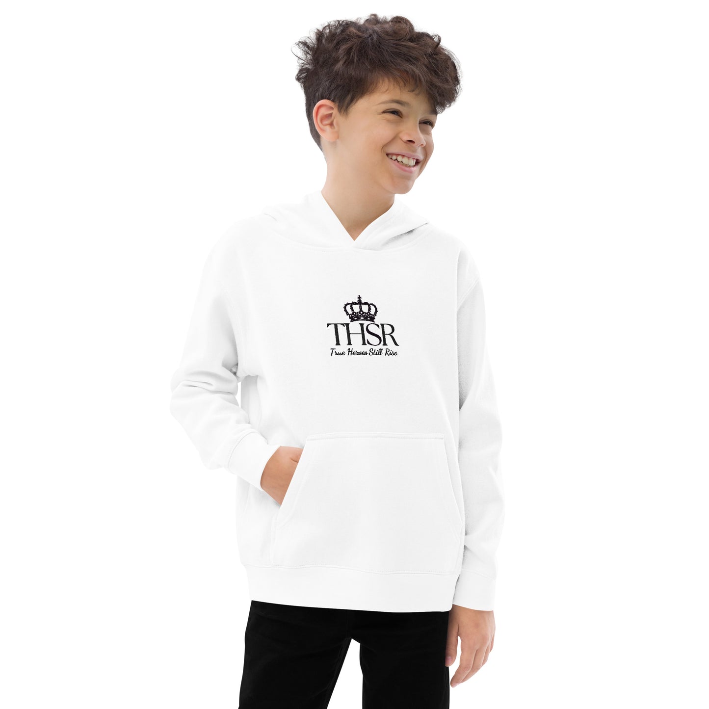 THSR Youth Pullover Hoodies with Center-Chest Logo – White Pullover Hoodies Featuring Black "THSR True Heroes Still Rise" under a crown Design for Kids