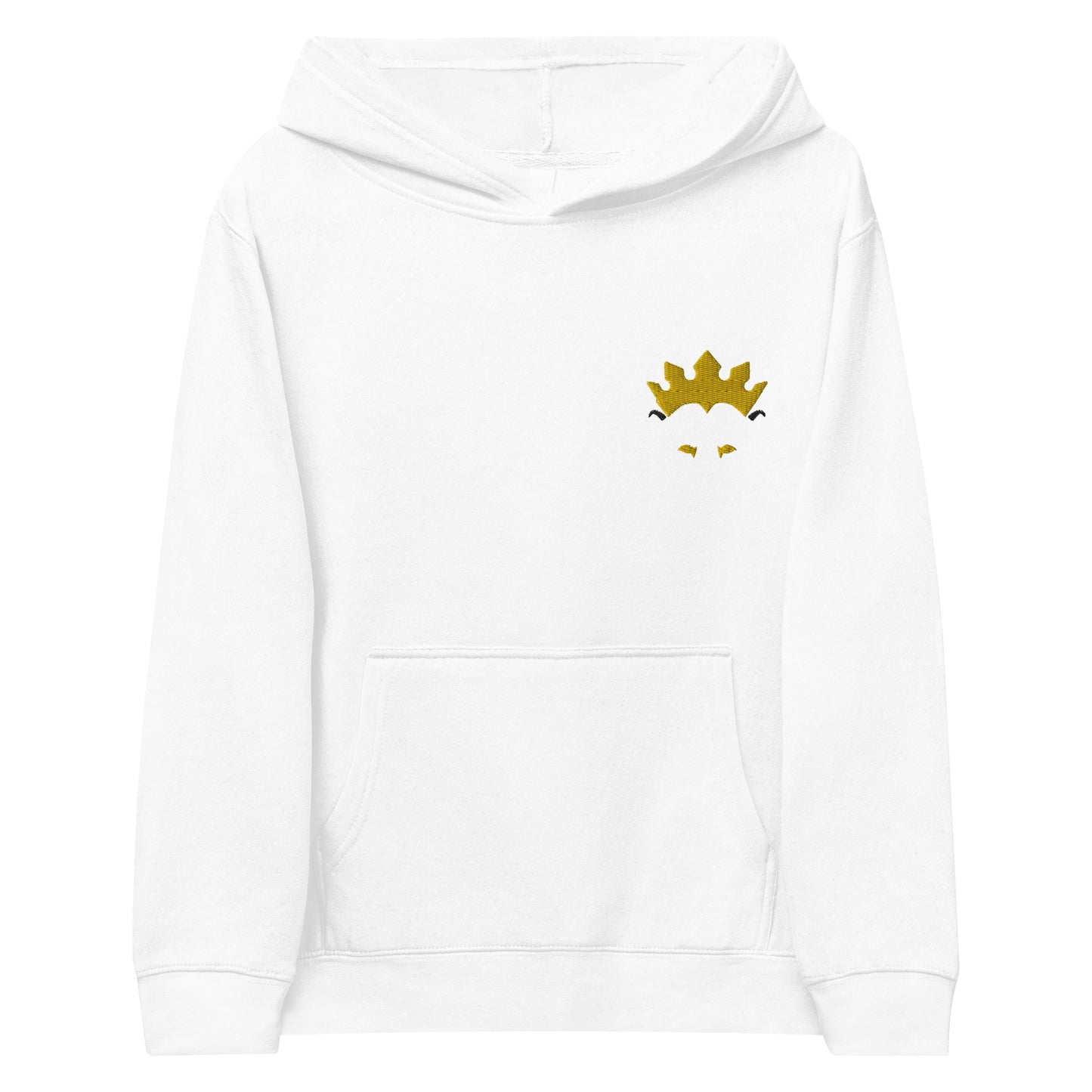 THSR Youth Pullover Hoodies with Left-Chest Logo – White Pullover Hoodies Featuring Black & Gold THSR KING Lion wearing a crown Design for Kids