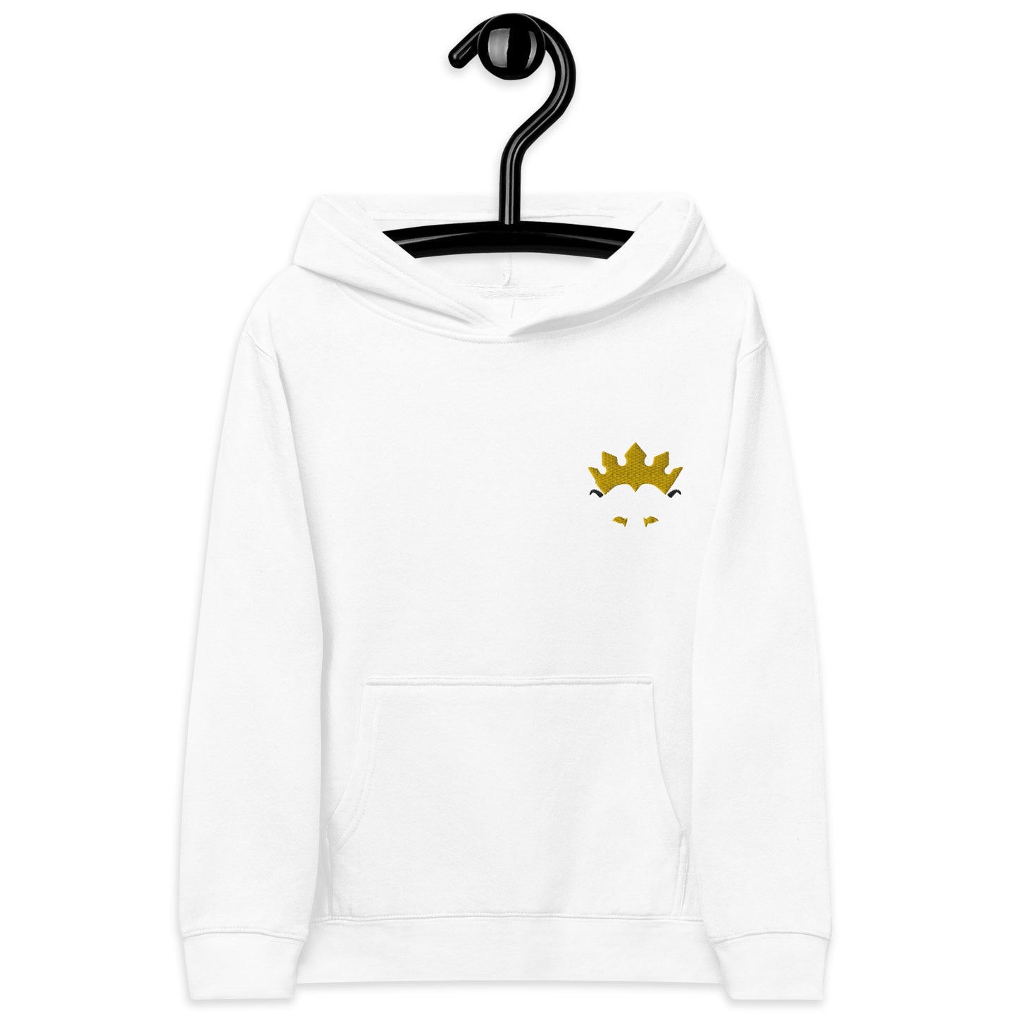 THSR Youth Pullover Hoodies with Left-Chest Logo – White Pullover Hoodies Featuring Black & Gold THSR KING Lion wearing a crown Design for Kids