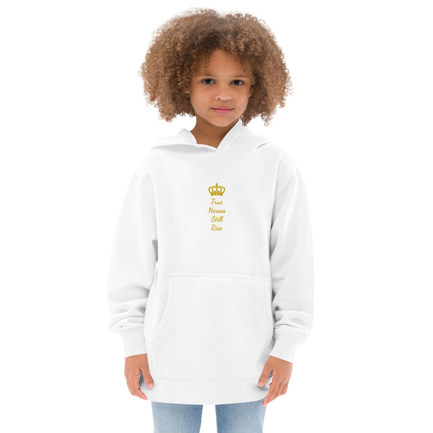 THSR Youth Pullover Hoodies with Center-Chest Logo – Black or White Pullover Hoodies Featuring Gold "True Heroes Still Rise" under a crown Design for Kids