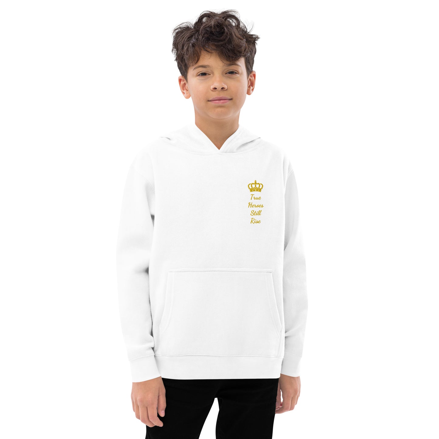 THSR Youth Pullover Hoodies with Left-Chest Logo –Black or White Pullover Hoodies Featuring Gold "True Heroes Still Rise" under a crown Design for Kids