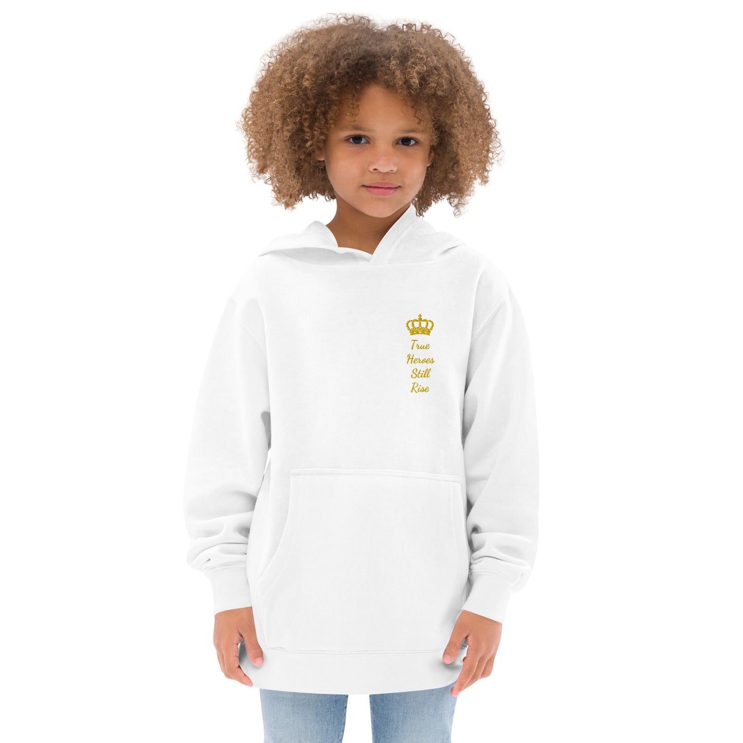 THSR Youth Pullover Hoodies with Left-Chest Logo –Black or White Pullover Hoodies Featuring Gold "True Heroes Still Rise" under a crown Design for Kids