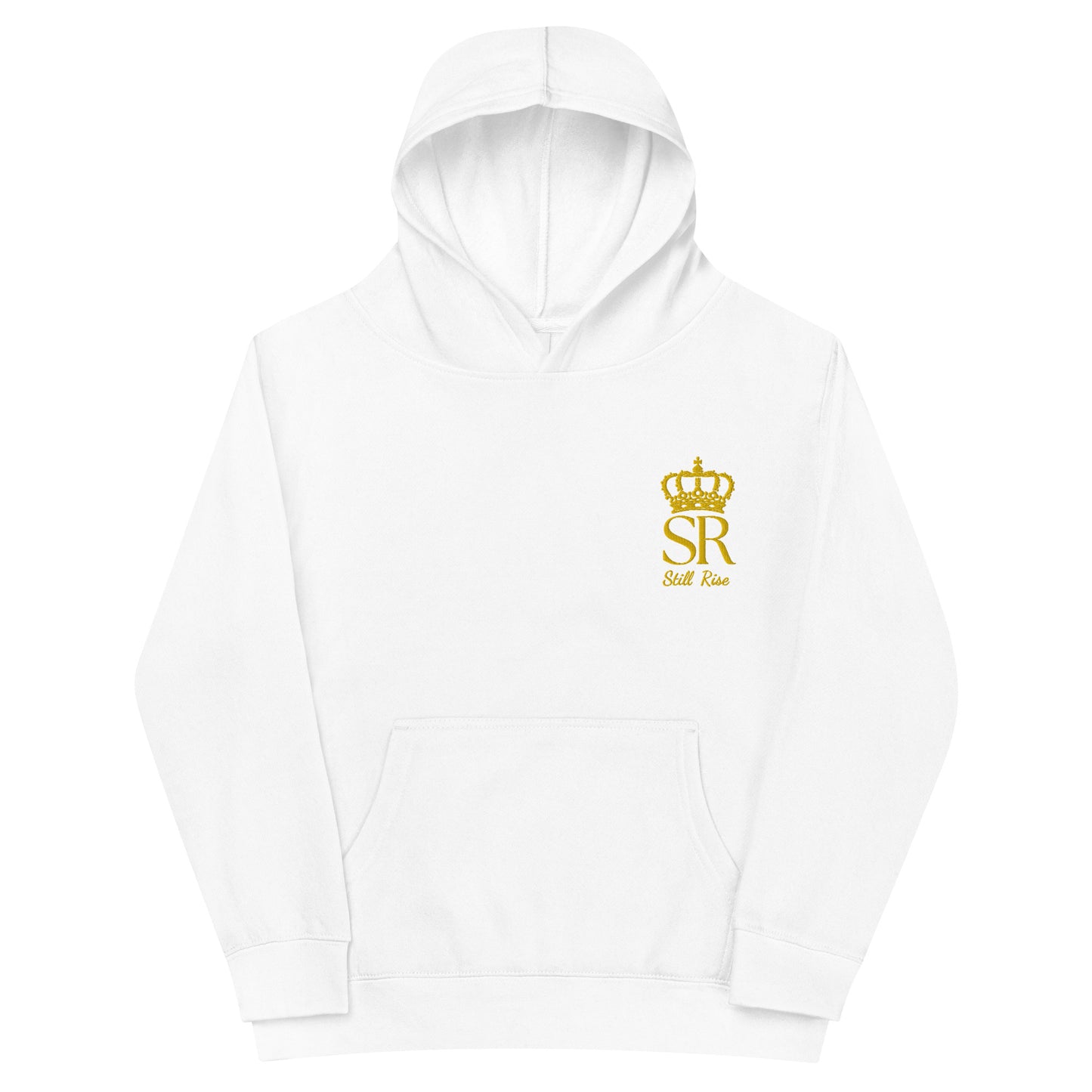 THSR Youth Pullover Hoodies with Left-Chest Logo – Black or White Pullover Hoodies Featuring Gold THSR "SR Still Rise" under a crown Design for Kids