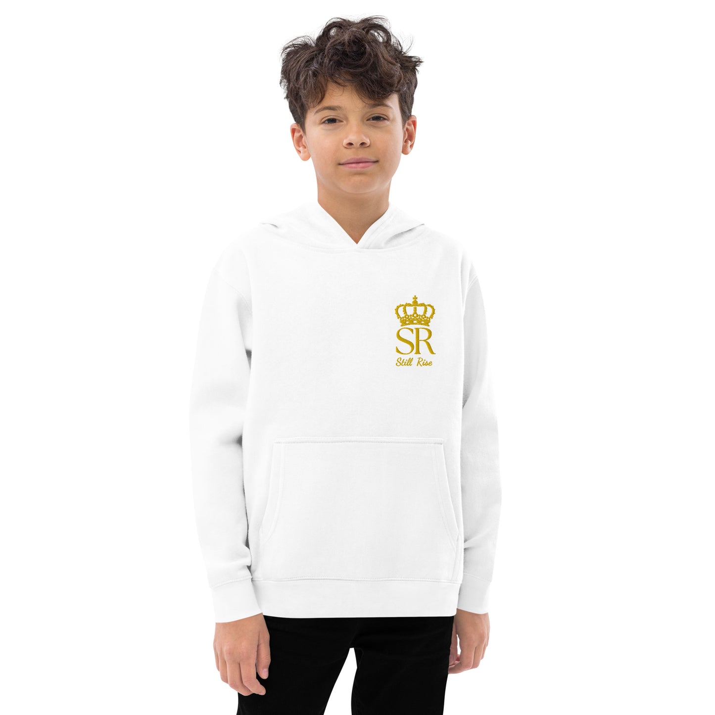 THSR Youth Pullover Hoodies with Left-Chest Logo – Black or White Pullover Hoodies Featuring Gold THSR "SR Still Rise" under a crown Design for Kids