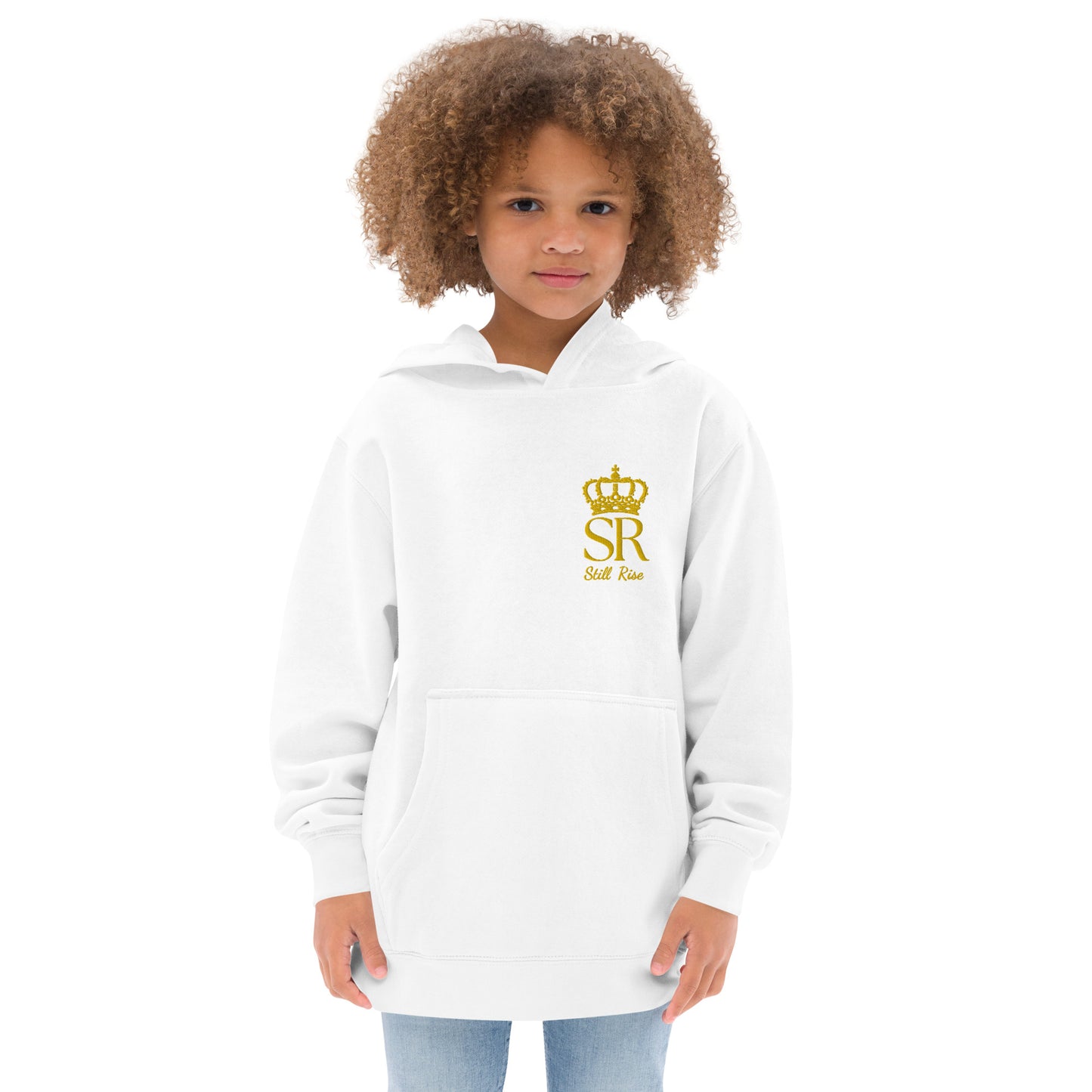 THSR Youth Pullover Hoodies with Left-Chest Logo – Black or White Pullover Hoodies Featuring Gold THSR "SR Still Rise" under a crown Design for Kids