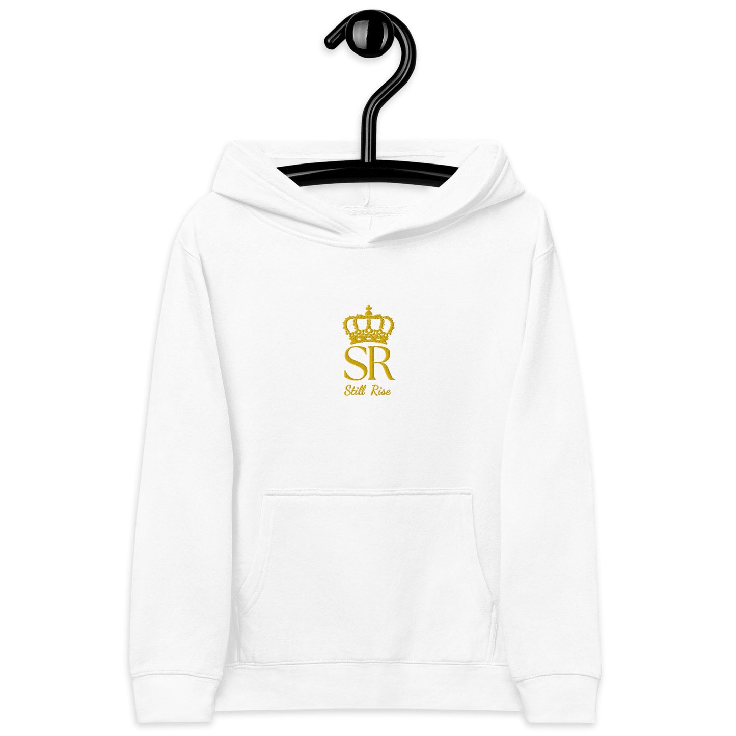 THSR Youth Pullover Hoodies with Center-Chest Logo – Black or White Pullover Hoodies Featuring Gold THSR "SR Still Rise" under a crown Design for Kids