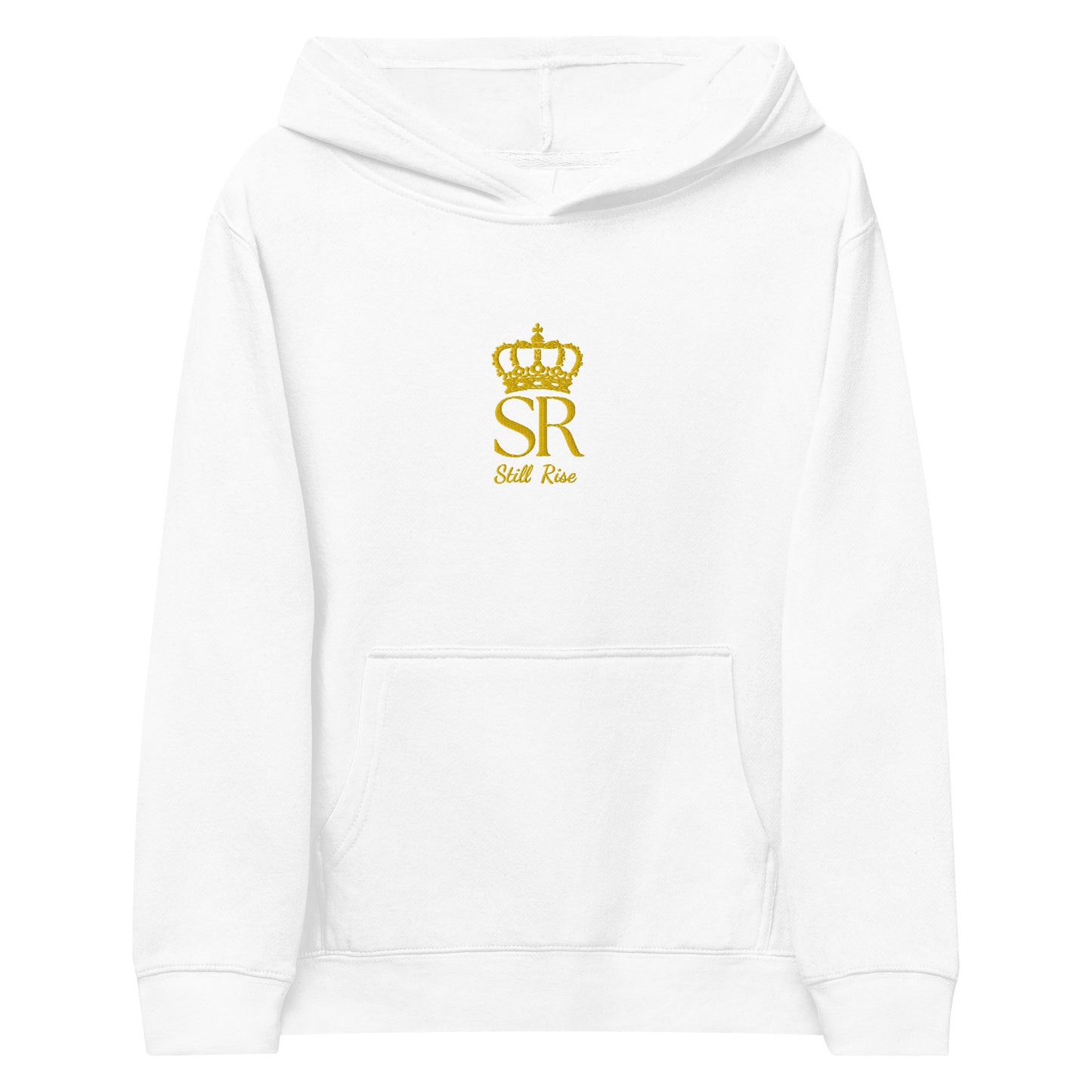 THSR Youth Pullover Hoodies with Center-Chest Logo – Black or White Pullover Hoodies Featuring Gold THSR "SR Still Rise" under a crown Design for Kids