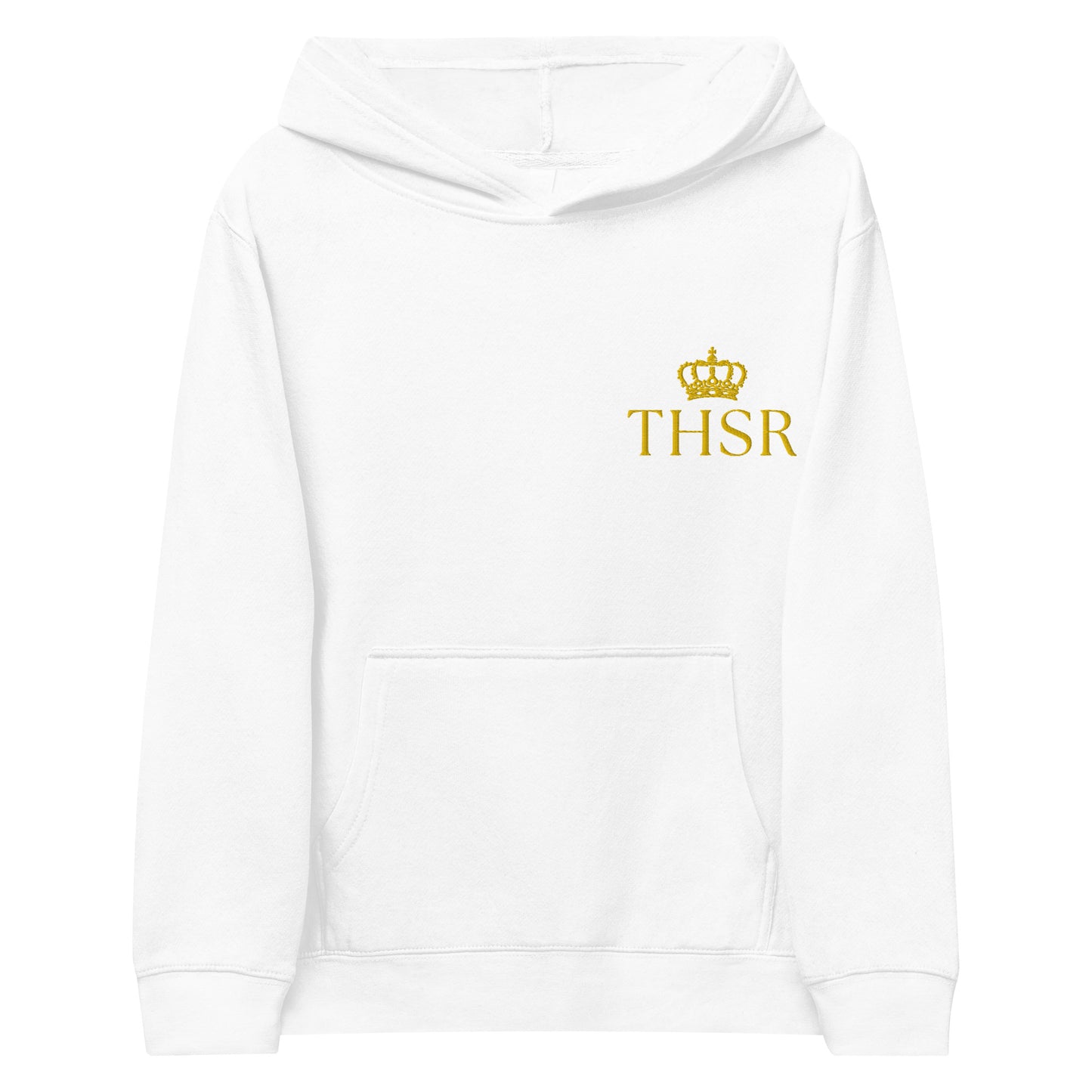 THSR Youth Pullover Hoodies with Left-Chest Logo – Black or White Pullover Hoodies Featuring Gold "THSR" under a crown Design for Kids