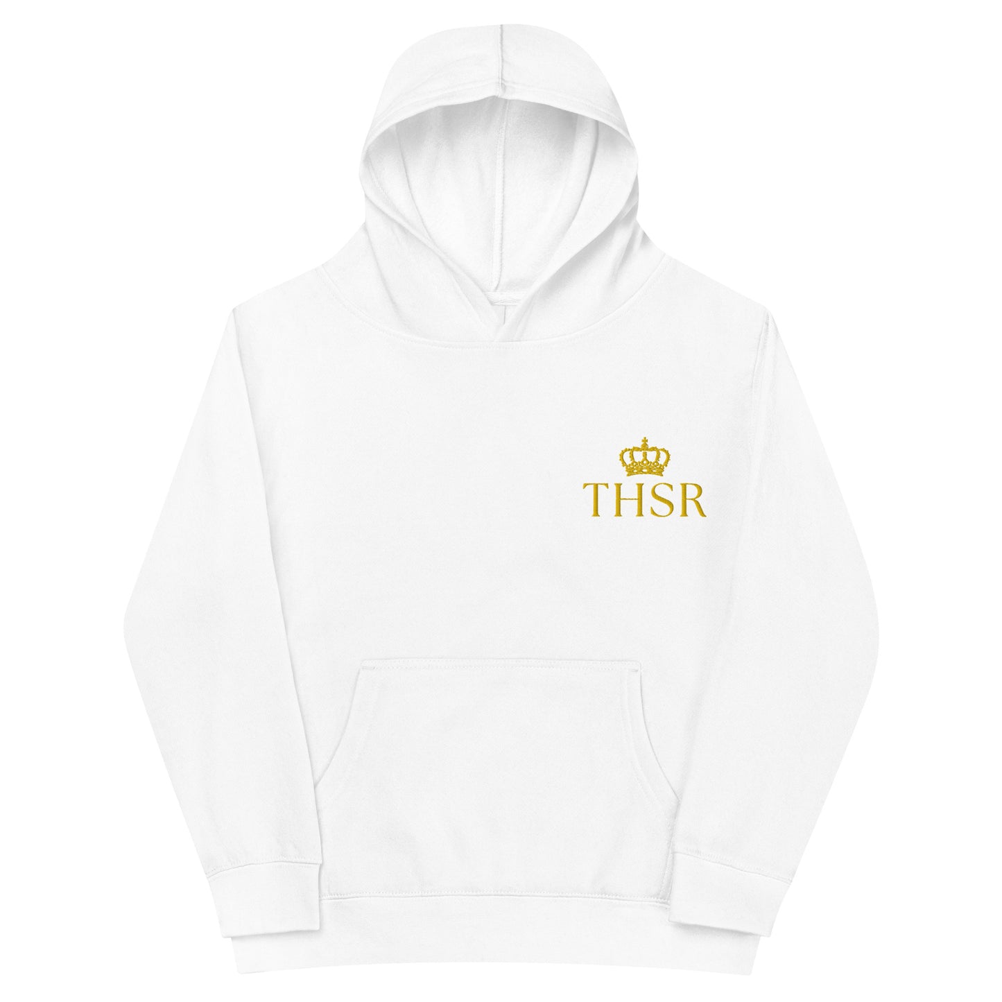 THSR Youth Pullover Hoodies with Left-Chest Logo – Black or White Pullover Hoodies Featuring Gold "THSR" under a crown Design for Kids