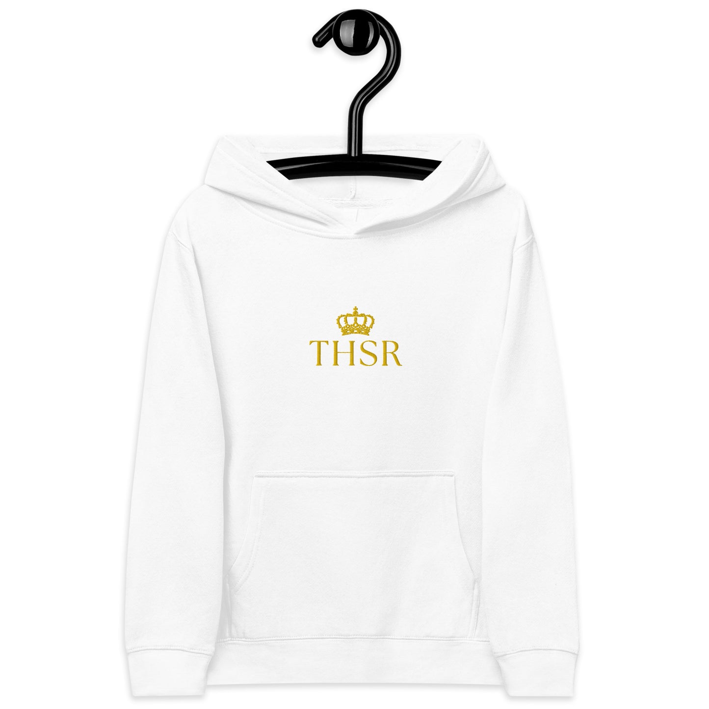 THSR Youth Pullover Hoodies with Center-Chest Logo – Black or White Pullover Hoodies Featuring Gold "THSR" under a crown Design for Kids