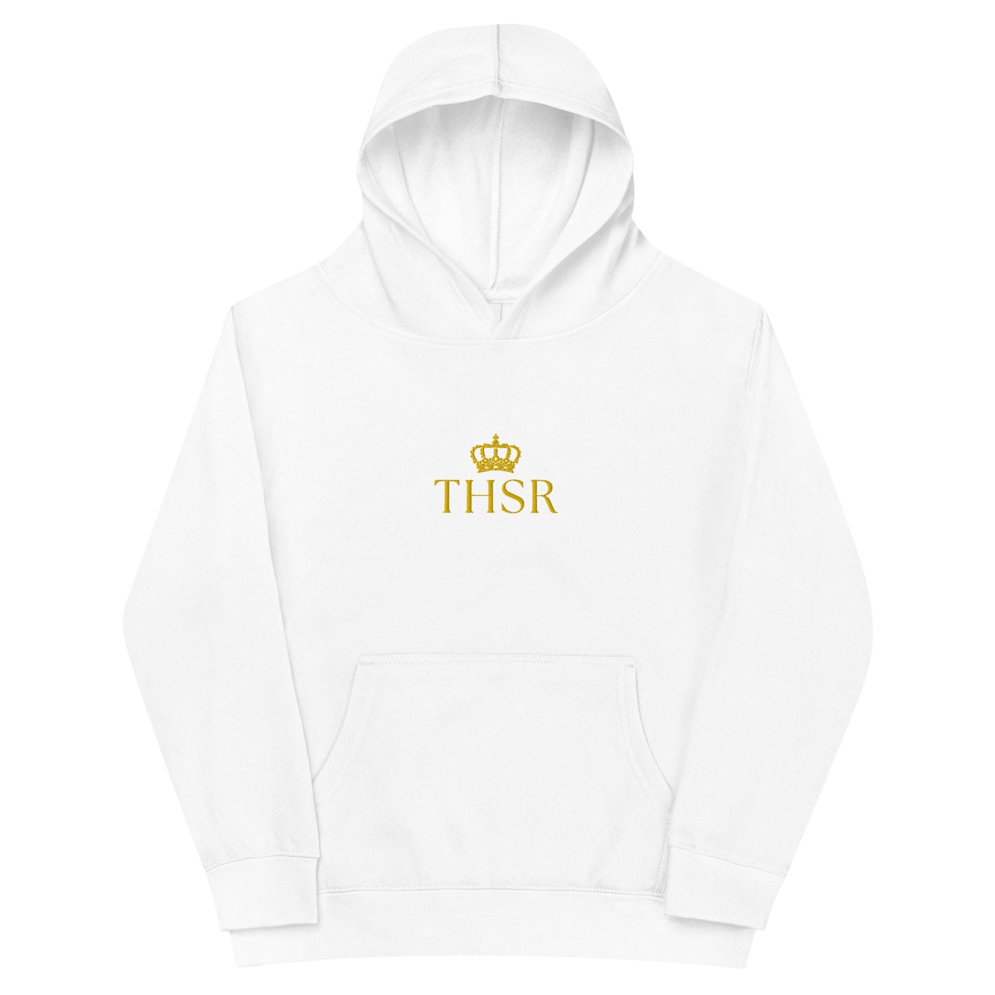 THSR Youth Pullover Hoodies with Center-Chest Logo – Black or White Pullover Hoodies Featuring Gold "THSR" under a crown Design for Kids