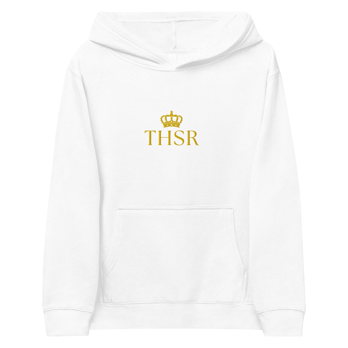 THSR Youth Pullover Hoodies with Center-Chest Logo – Black or White Pullover Hoodies Featuring Gold "THSR" under a crown Design for Kids