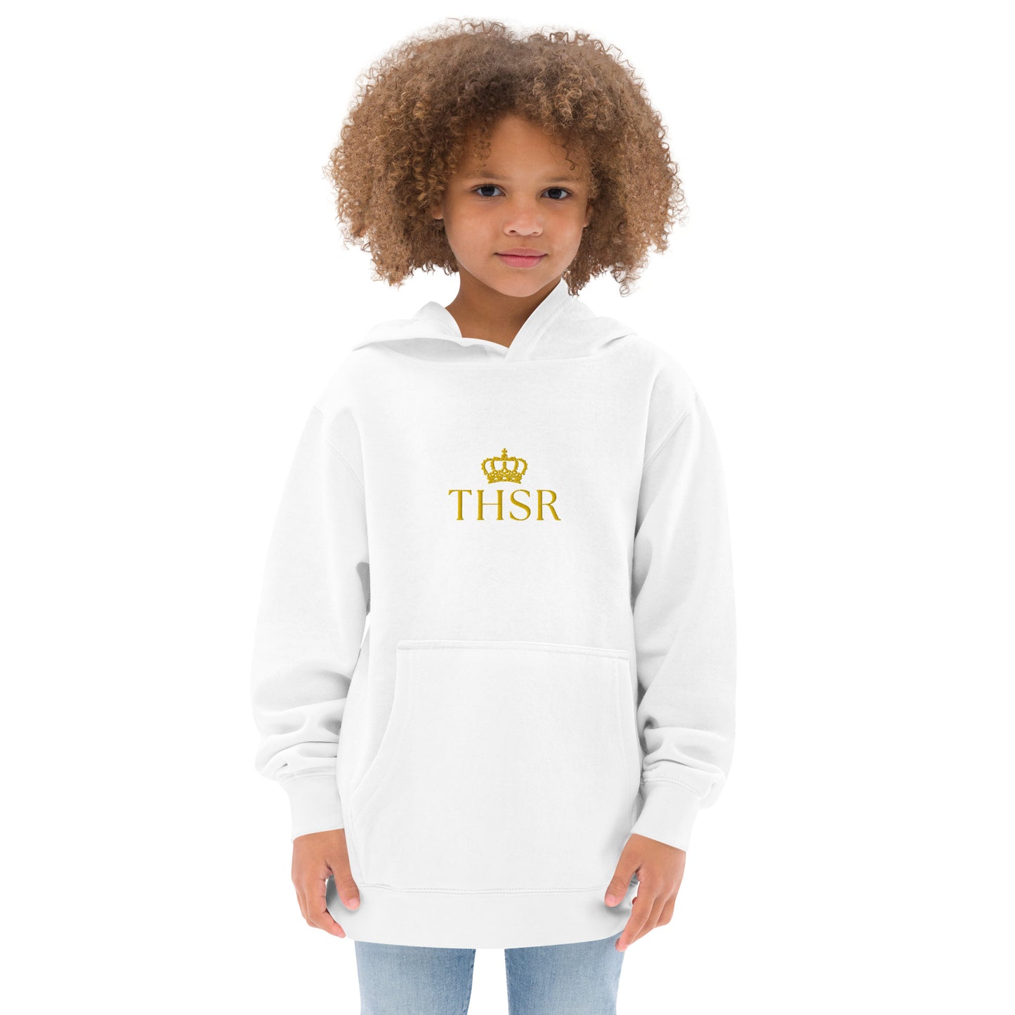 THSR Youth Pullover Hoodies with Center-Chest Logo – Black or White Pullover Hoodies Featuring Gold "THSR" under a crown Design for Kids