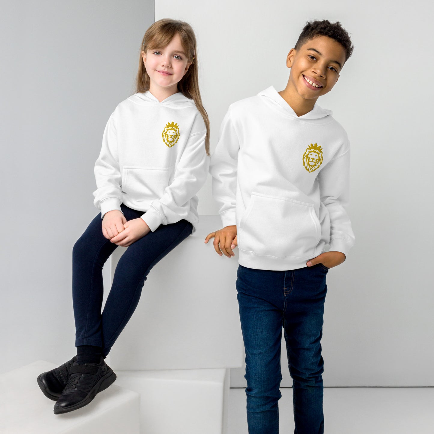 THSR Youth Pullover Hoodies with Left-Chest Logo – Black or White Pullover Hoodies Featuring Gold THSR KING Lion wearing a crown Design for Kids