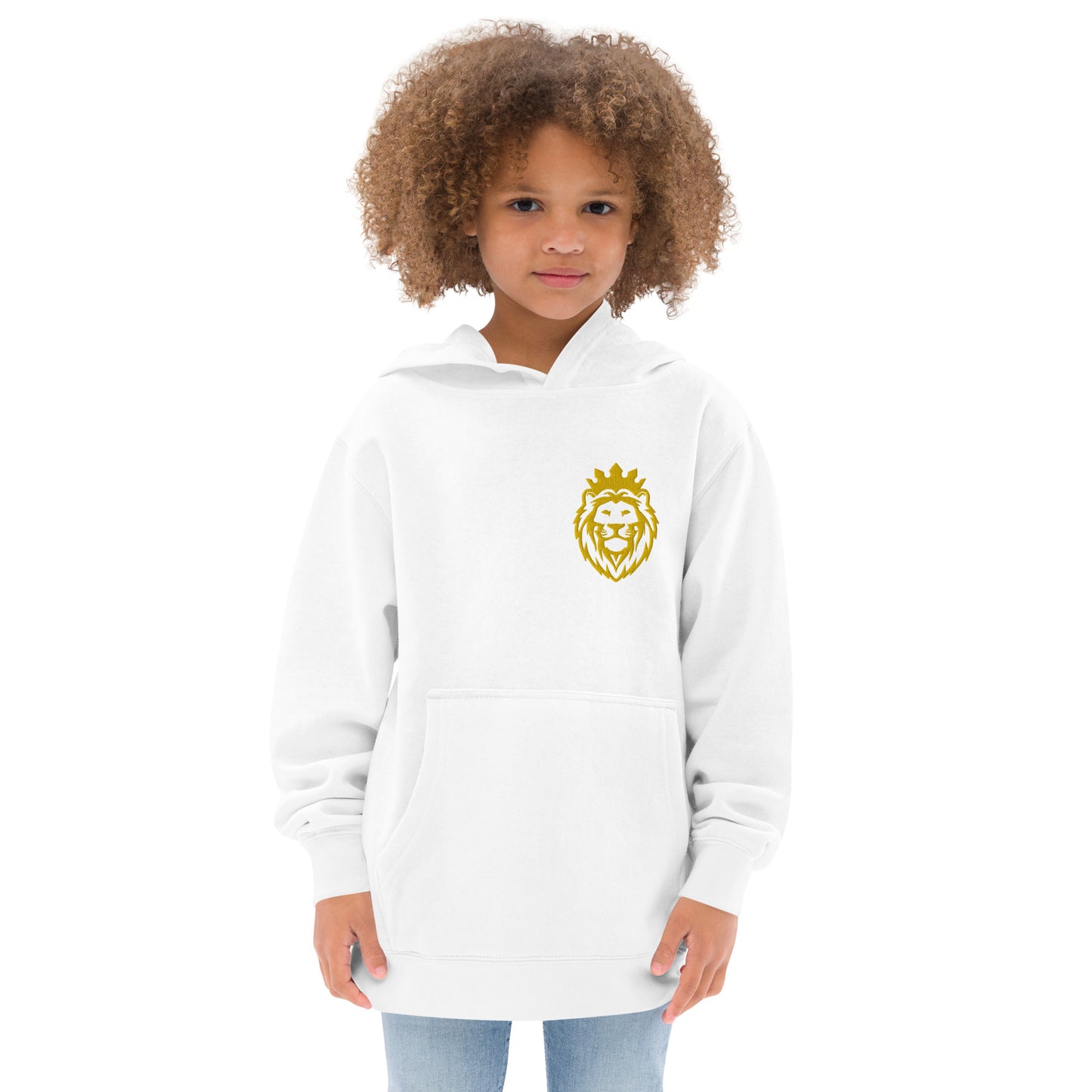 THSR Youth Pullover Hoodies with Left-Chest Logo – Black or White Pullover Hoodies Featuring Gold THSR KING Lion wearing a crown Design for Kids