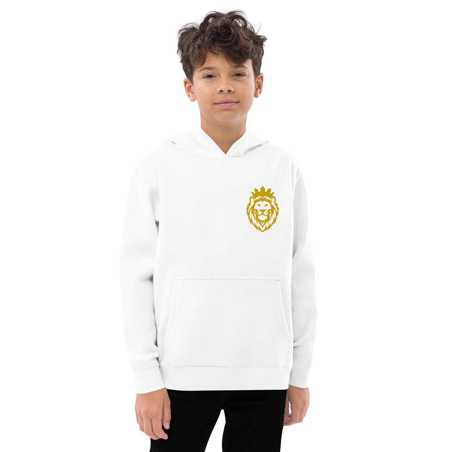 THSR Youth Pullover Hoodies with Left-Chest Logo – Black or White Pullover Hoodies Featuring Gold THSR KING Lion wearing a crown Design for Kids