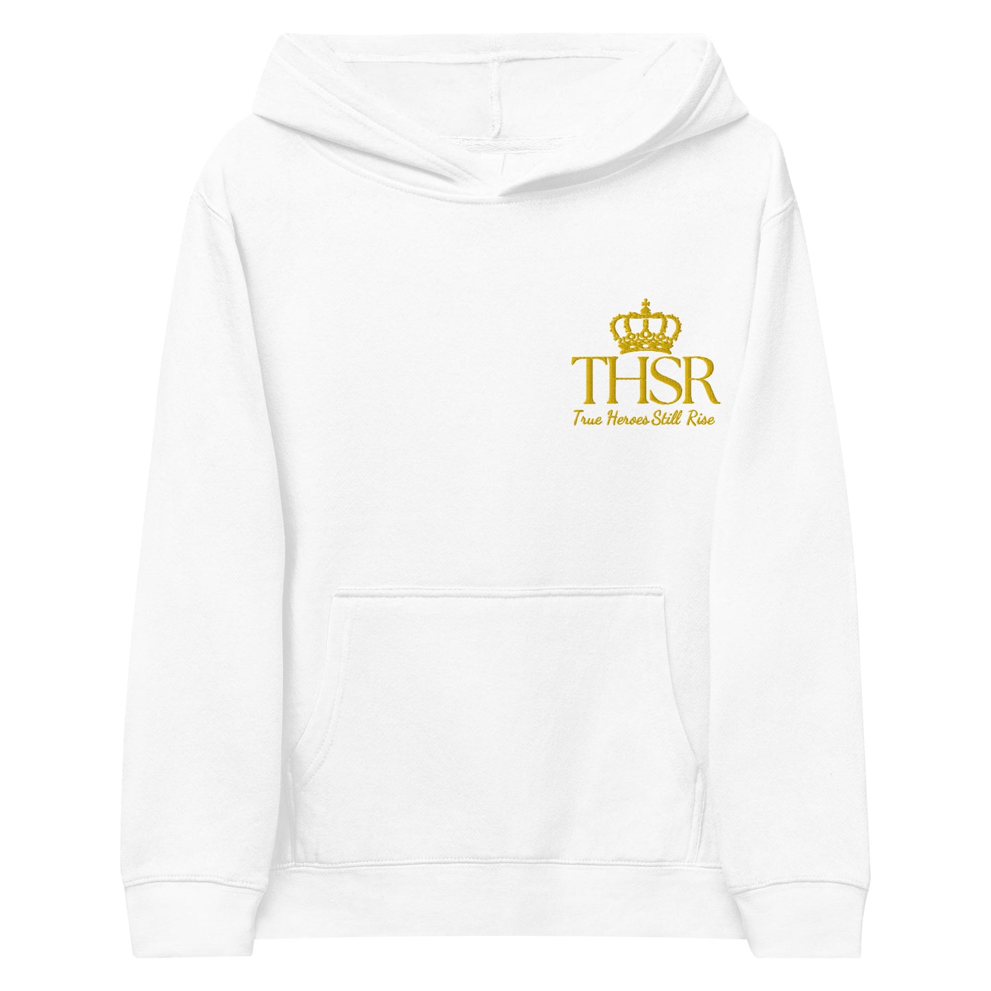 THSR Youth Pullover Hoodies with Left-Chest Logo – Black or White Pullover Hoodies Featuring Gold "THSR True Heroes Still Rise" under a crown Design for Kids