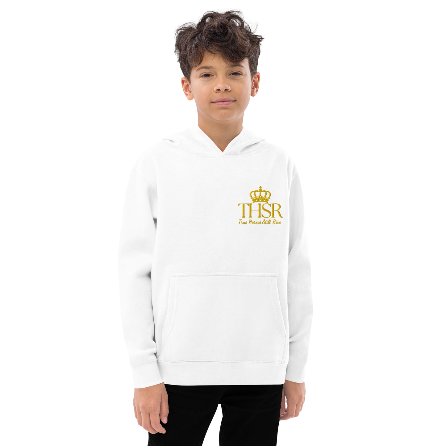 THSR Youth Pullover Hoodies with Left-Chest Logo – Black or White Pullover Hoodies Featuring Gold "THSR True Heroes Still Rise" under a crown Design for Kids