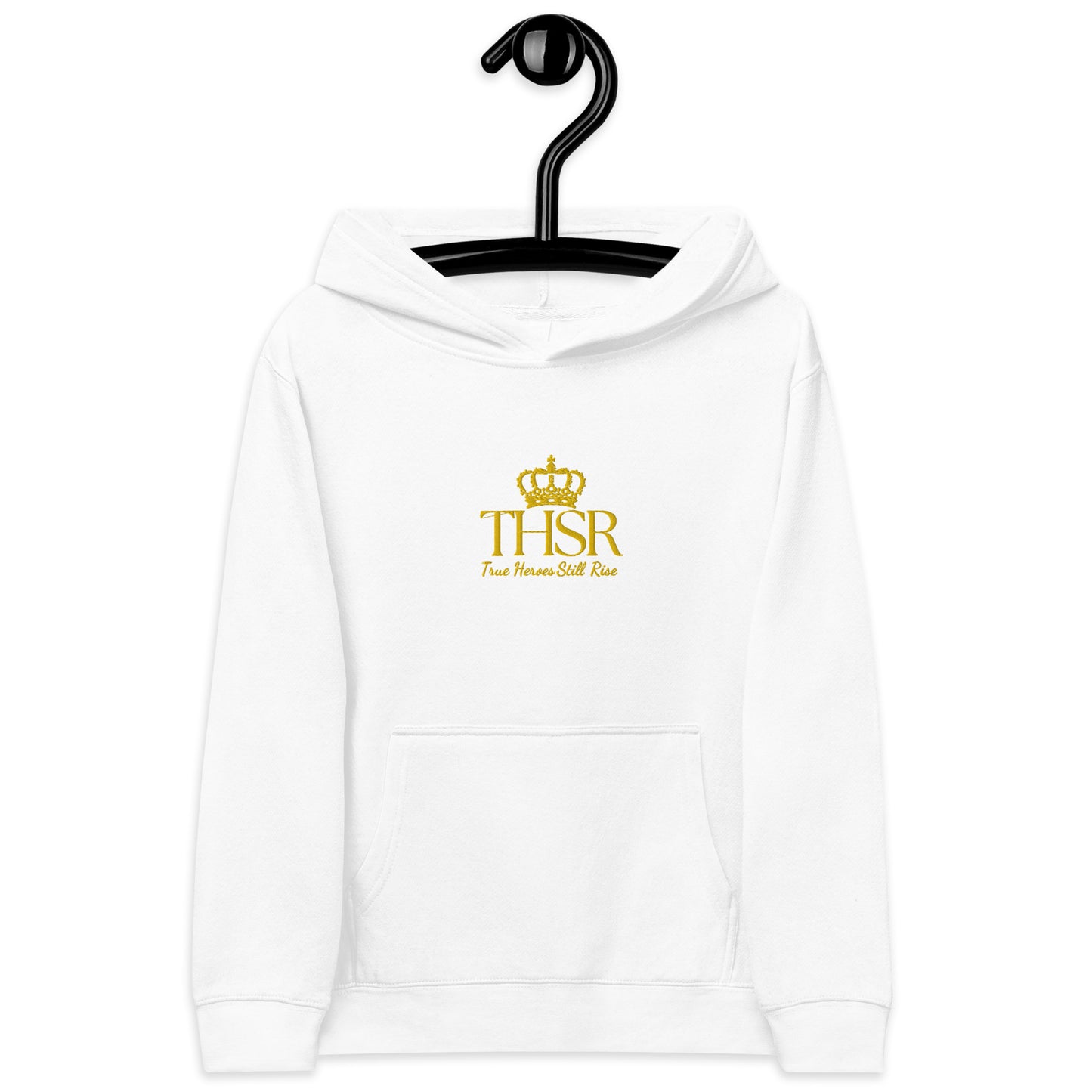 THSR Youth Pullover Hoodies with Center-Chest Logo – Black or White Pullover Hoodies Featuring Gold "THSR True Heroes Still Rise" under a crown Design for Kids