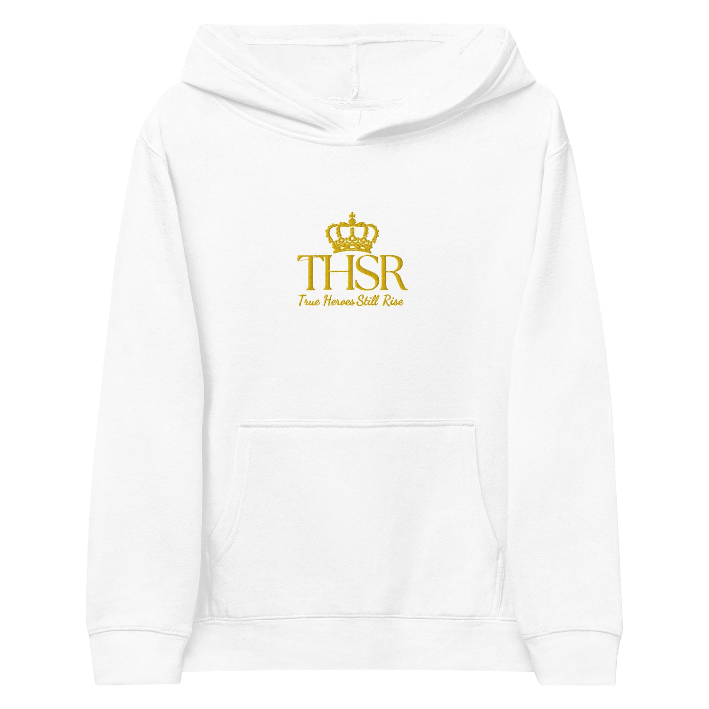 THSR Youth Pullover Hoodies with Center-Chest Logo – Black or White Pullover Hoodies Featuring Gold "THSR True Heroes Still Rise" under a crown Design for Kids