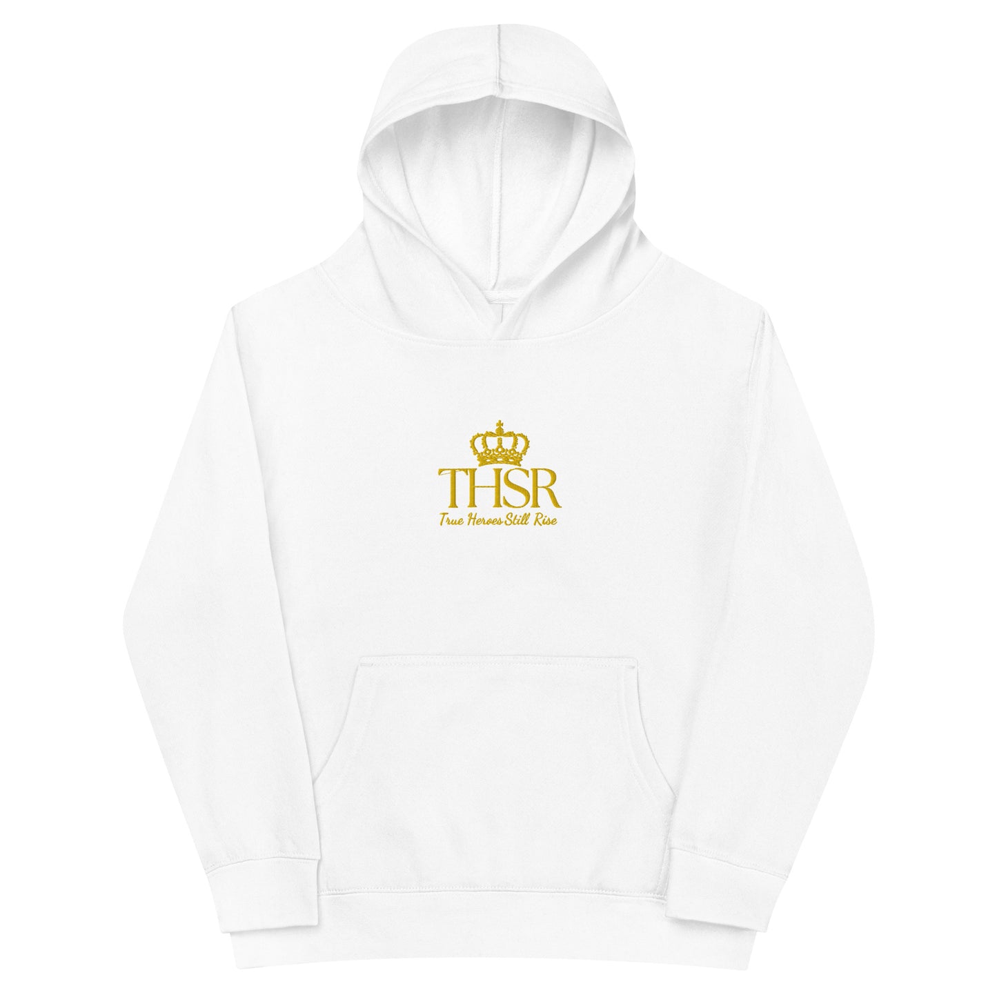 THSR Youth Pullover Hoodies with Center-Chest Logo – Black or White Pullover Hoodies Featuring Gold "THSR True Heroes Still Rise" under a crown Design for Kids