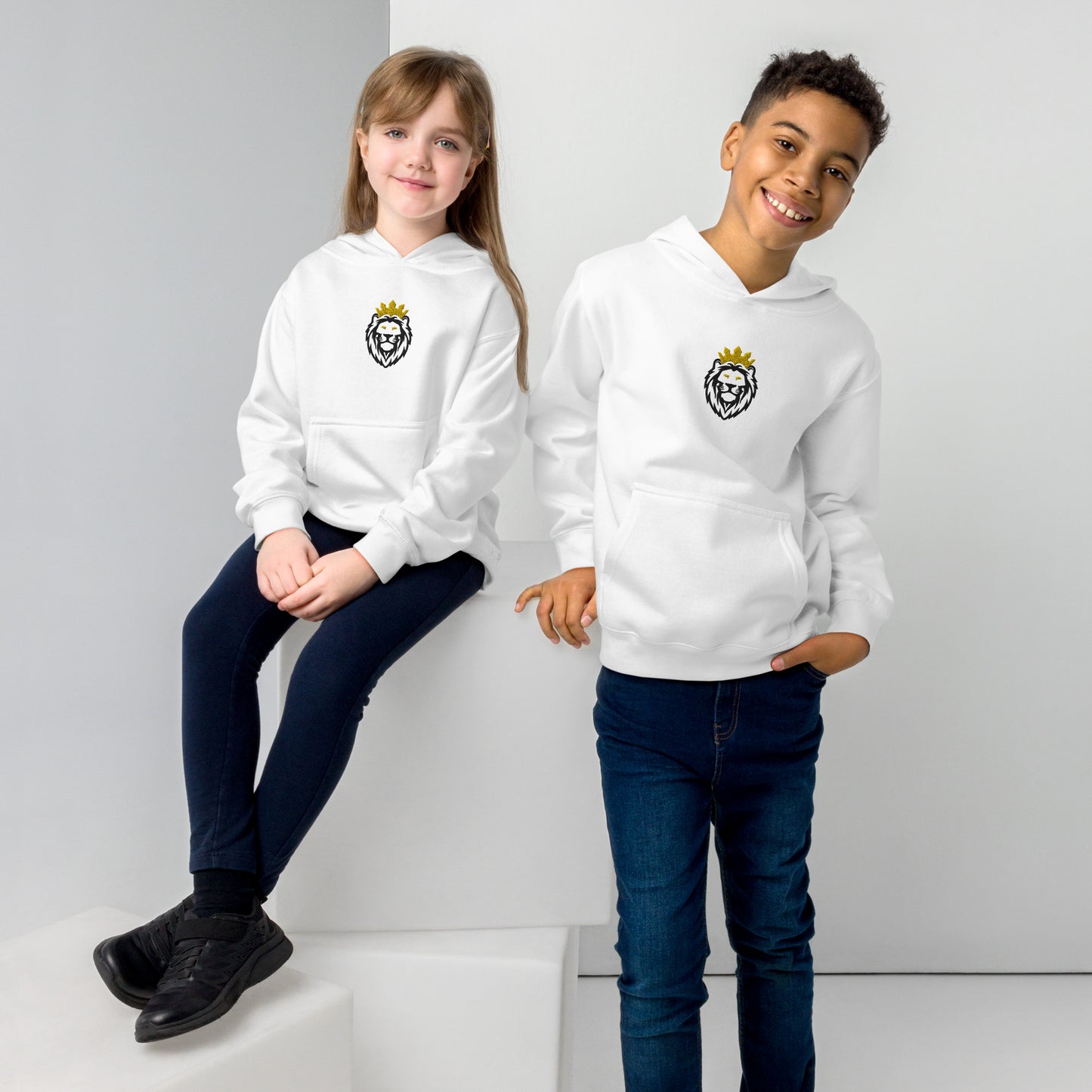 THSR Youth Pullover Hoodies with Center-Chest Logo – White Pullover Hoodies Featuring Black & Gold THSR KING Lion wearing a crown Design for Kids