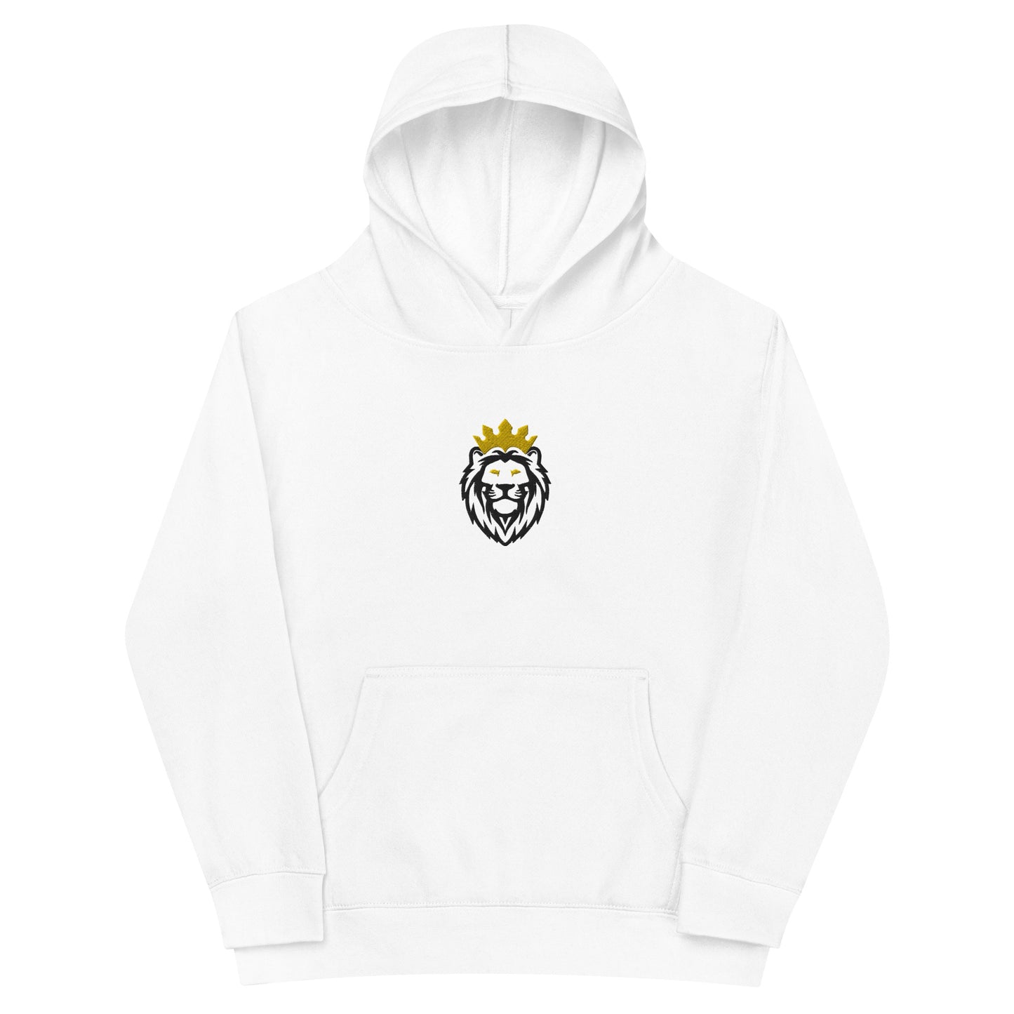 THSR Youth Pullover Hoodies with Center-Chest Logo – White Pullover Hoodies Featuring Black & Gold THSR KING Lion wearing a crown Design for Kids