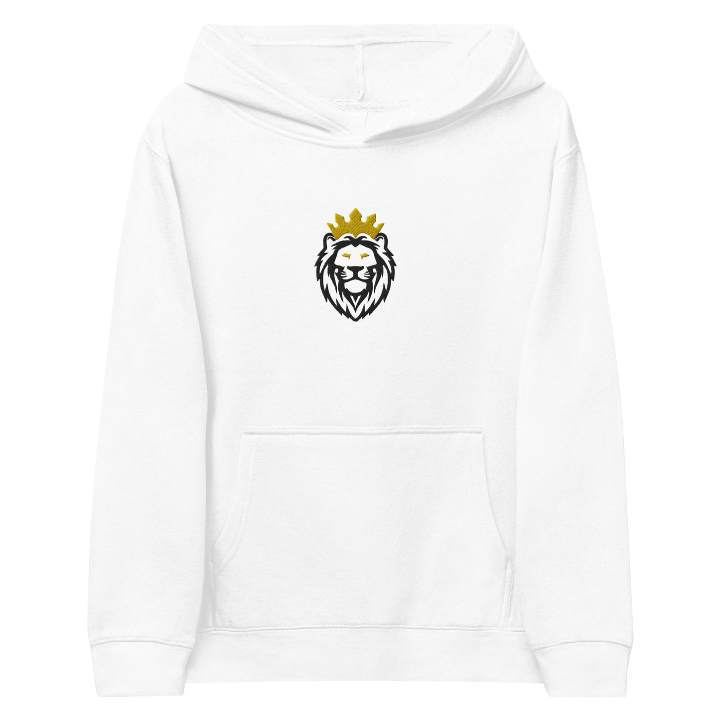 THSR Youth Pullover Hoodies with Center-Chest Logo – White Pullover Hoodies Featuring Black & Gold THSR KING Lion wearing a crown Design for Kids