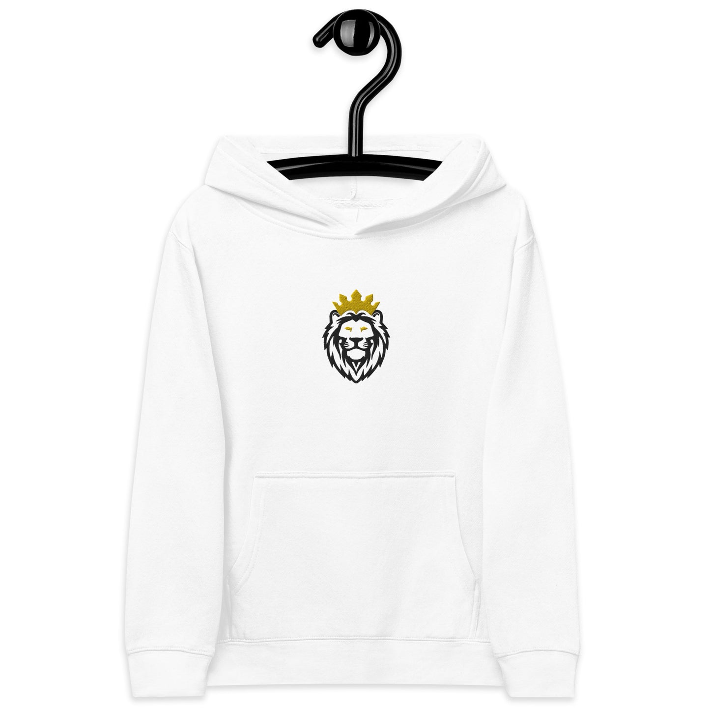 THSR Youth Pullover Hoodies with Center-Chest Logo – White Pullover Hoodies Featuring Black & Gold THSR KING Lion wearing a crown Design for Kids