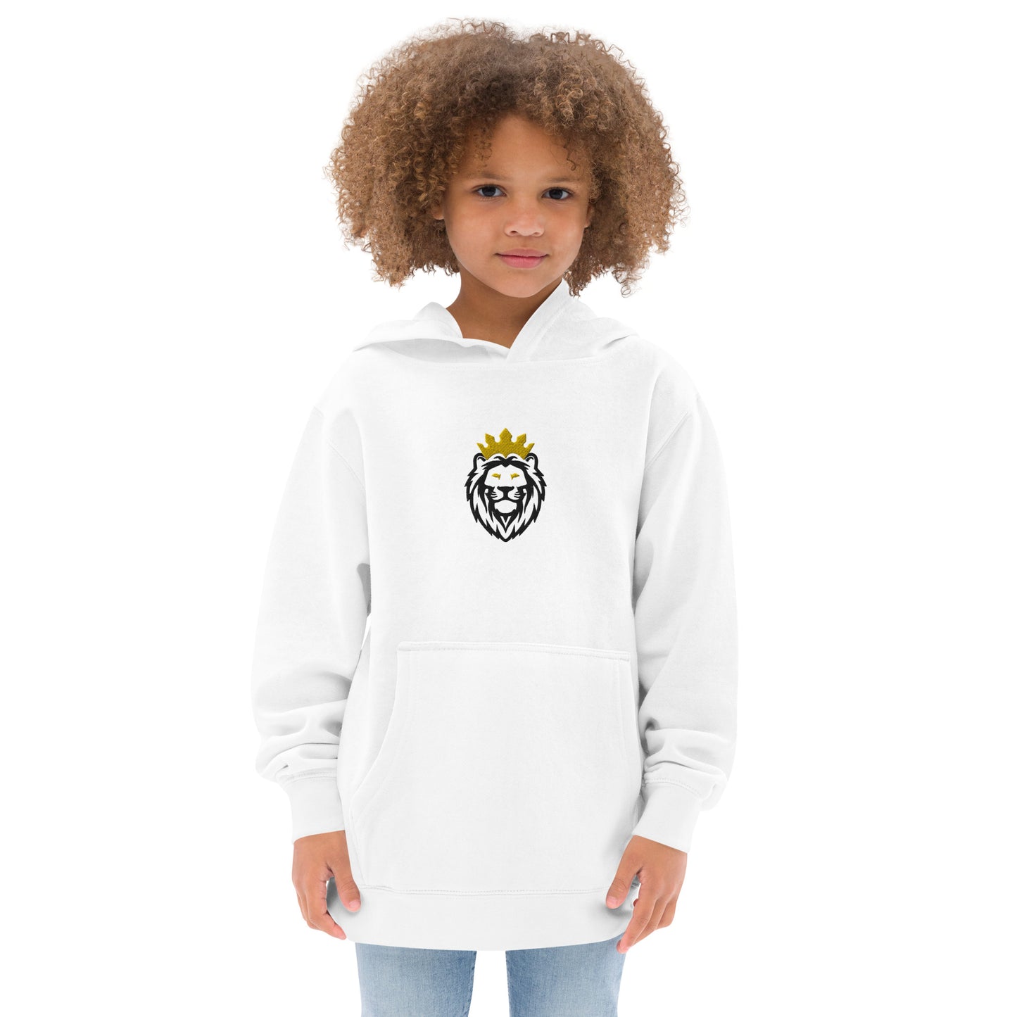 THSR Youth Pullover Hoodies with Center-Chest Logo – White Pullover Hoodies Featuring Black & Gold THSR KING Lion wearing a crown Design for Kids