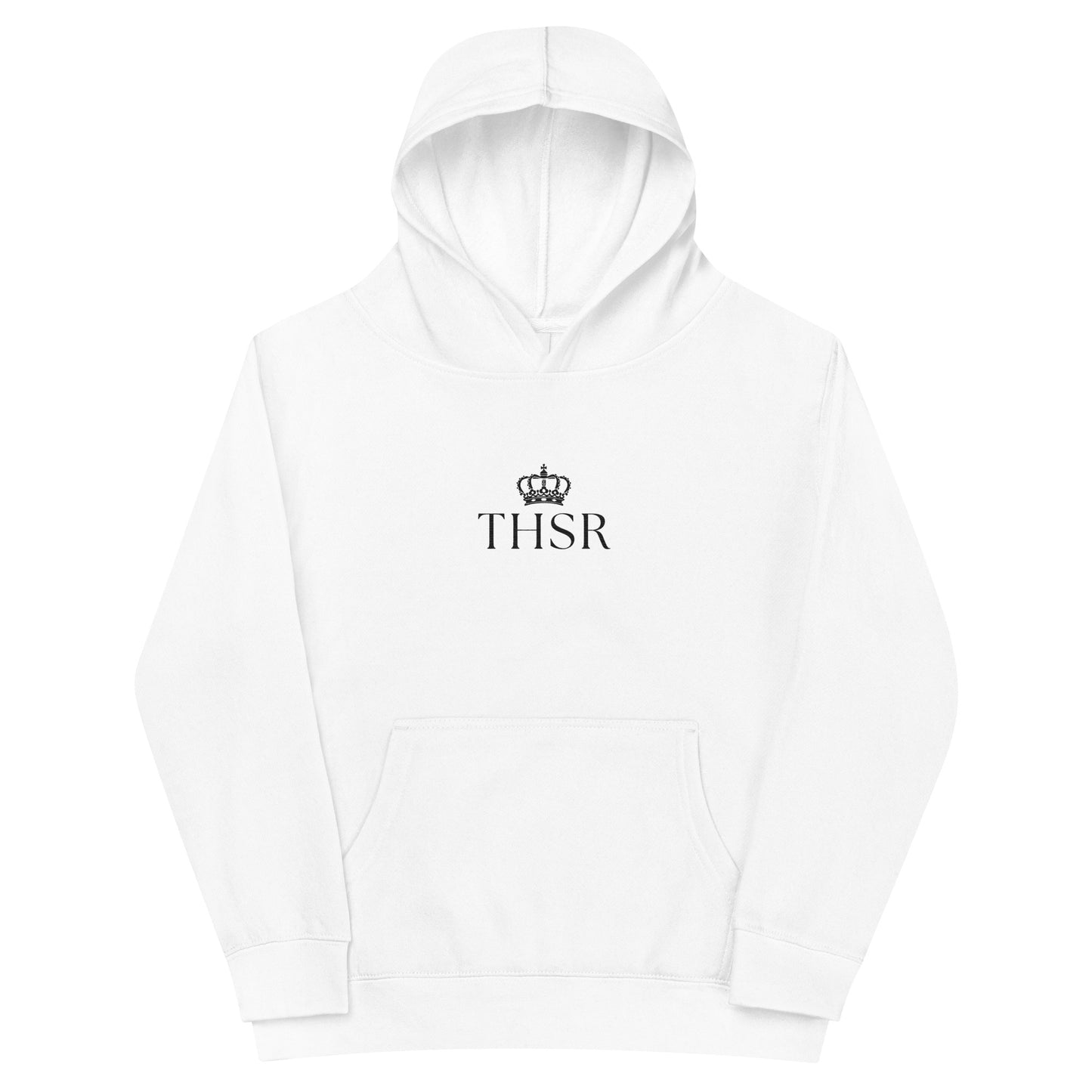 THSR Youth Pullover Hoodies with Center-Chest Logo – White Pullover Hoodies Featuring Black "THSR" under a crown Design for Kids