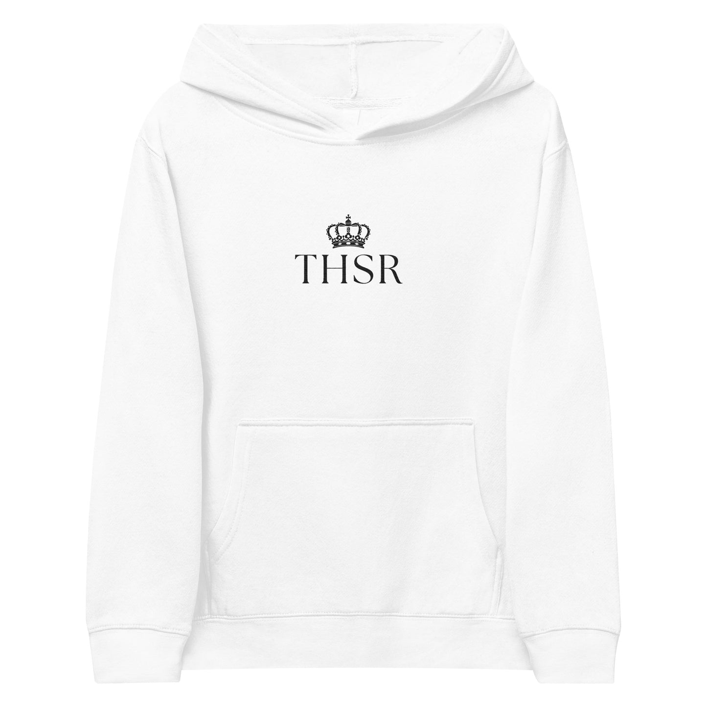 THSR Youth Pullover Hoodies with Center-Chest Logo – White Pullover Hoodies Featuring Black "THSR" under a crown Design for Kids