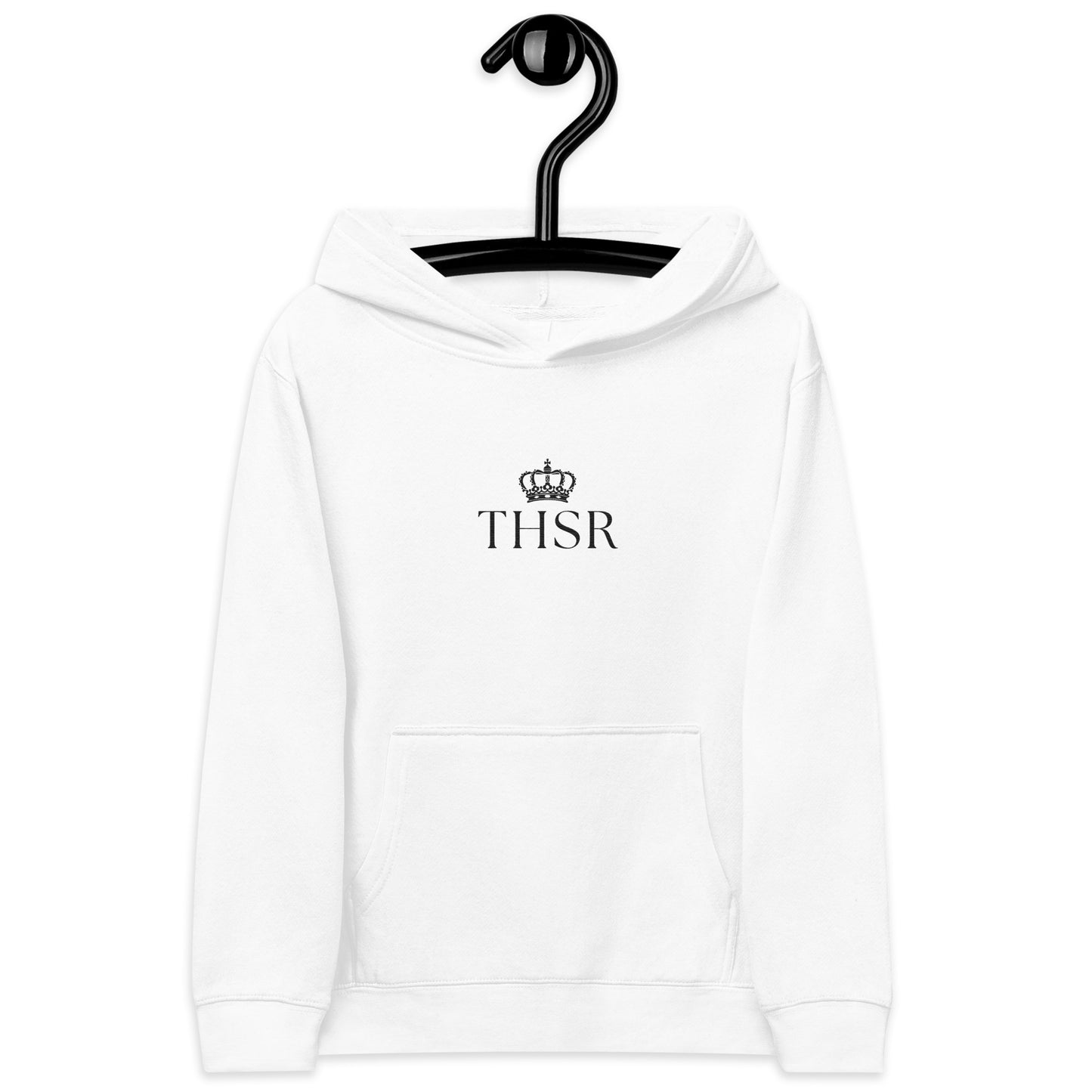 THSR Youth Pullover Hoodies with Center-Chest Logo – White Pullover Hoodies Featuring Black "THSR" under a crown Design for Kids