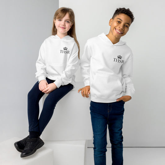 THSR Youth Pullover Hoodies with Left-Chest Logo – White Pullover Hoodies Featuring Black "THSR" under a crown Design for Kids