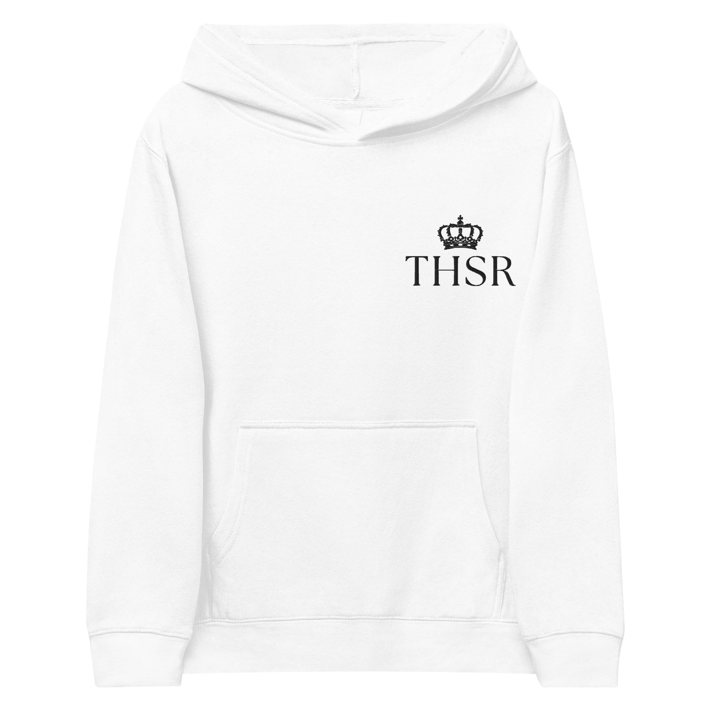 THSR Youth Pullover Hoodies with Left-Chest Logo – White Pullover Hoodies Featuring Black "THSR" under a crown Design for Kids