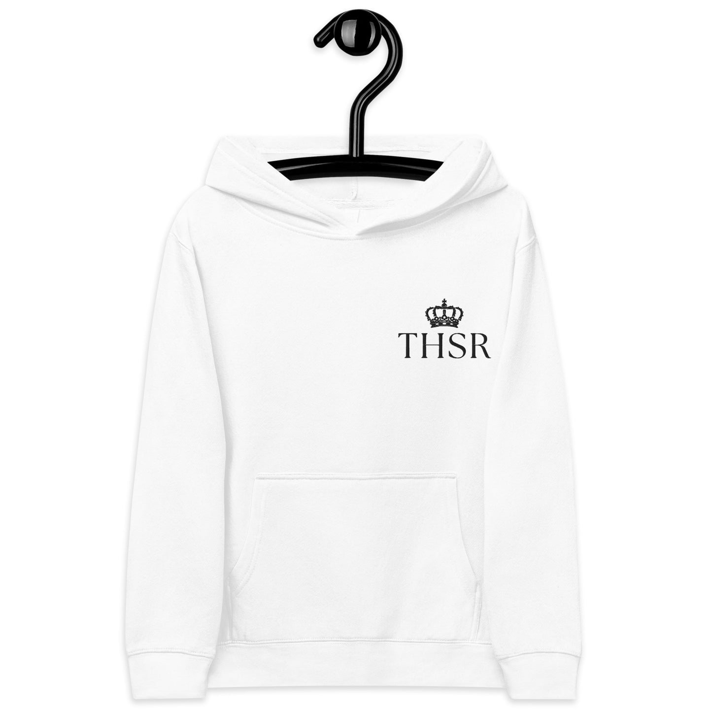 THSR Youth Pullover Hoodies with Left-Chest Logo – White Pullover Hoodies Featuring Black "THSR" under a crown Design for Kids