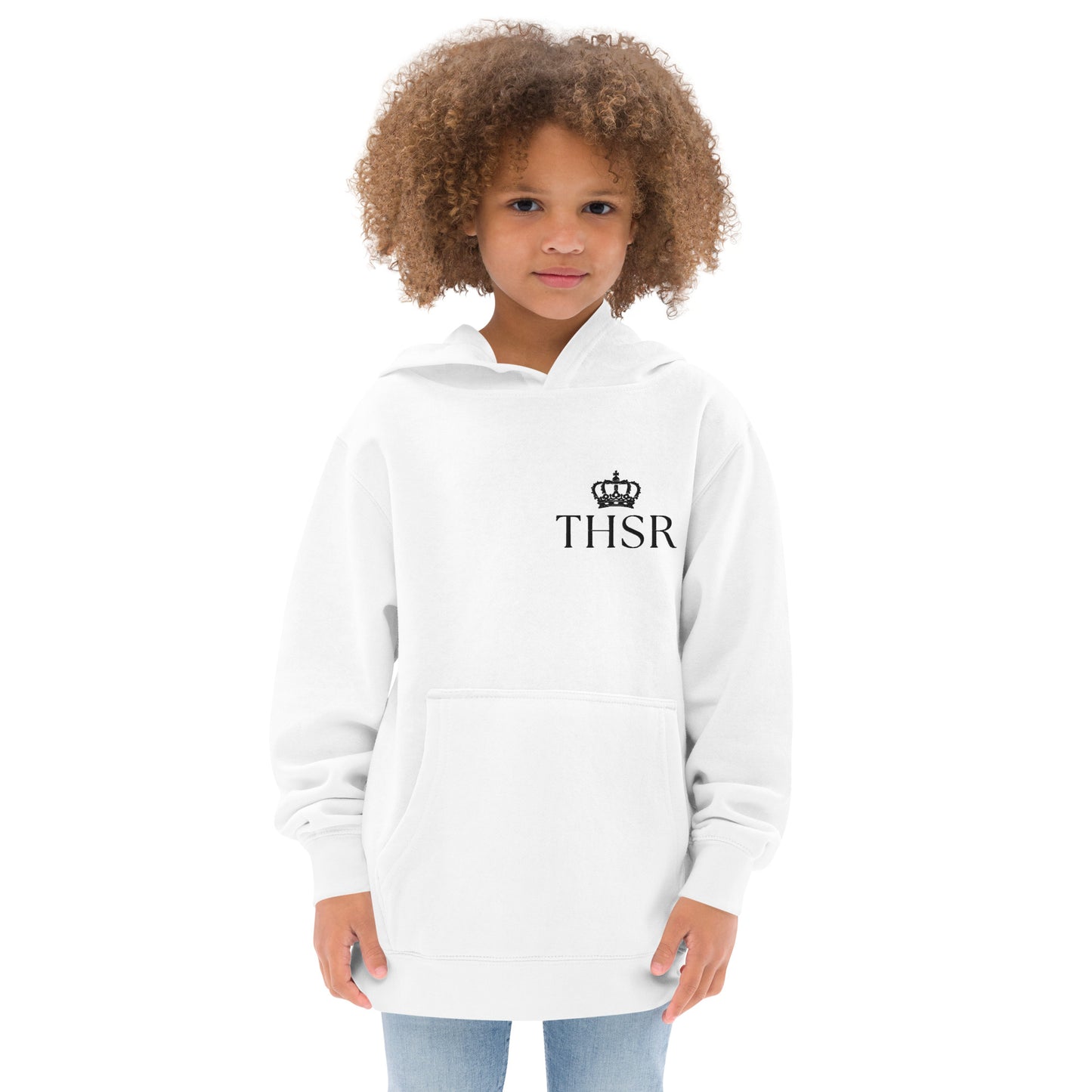 THSR Youth Pullover Hoodies with Left-Chest Logo – White Pullover Hoodies Featuring Black "THSR" under a crown Design for Kids