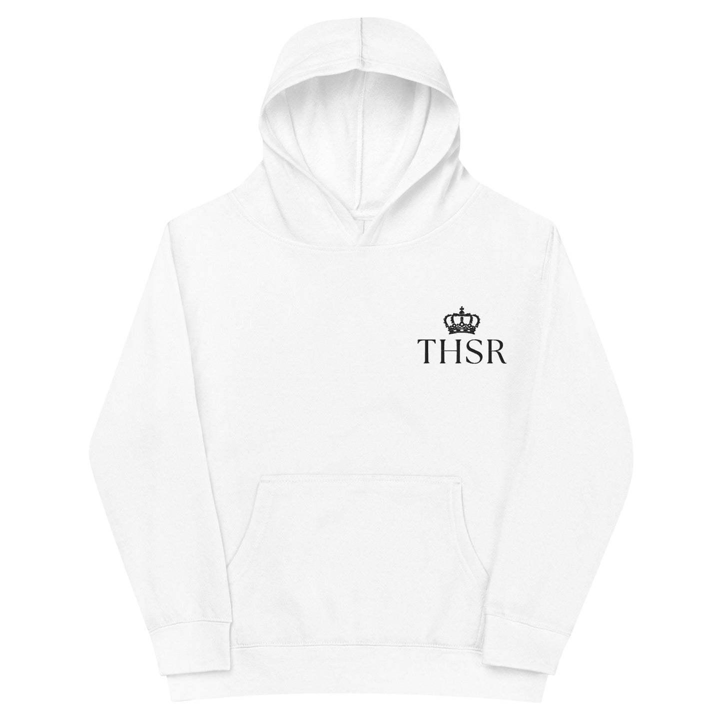 THSR Youth Pullover Hoodies with Left-Chest Logo – White Pullover Hoodies Featuring Black "THSR" under a crown Design for Kids