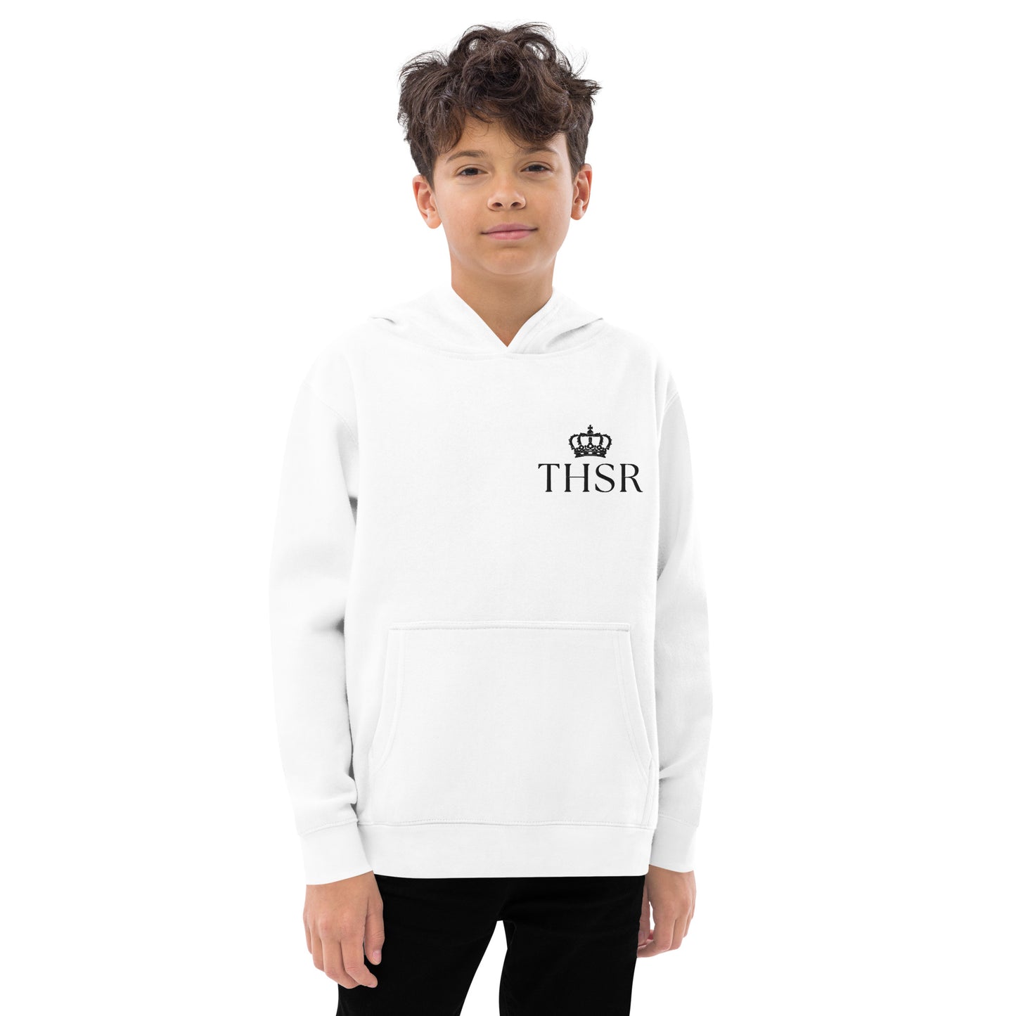 THSR Youth Pullover Hoodies with Left-Chest Logo – White Pullover Hoodies Featuring Black "THSR" under a crown Design for Kids