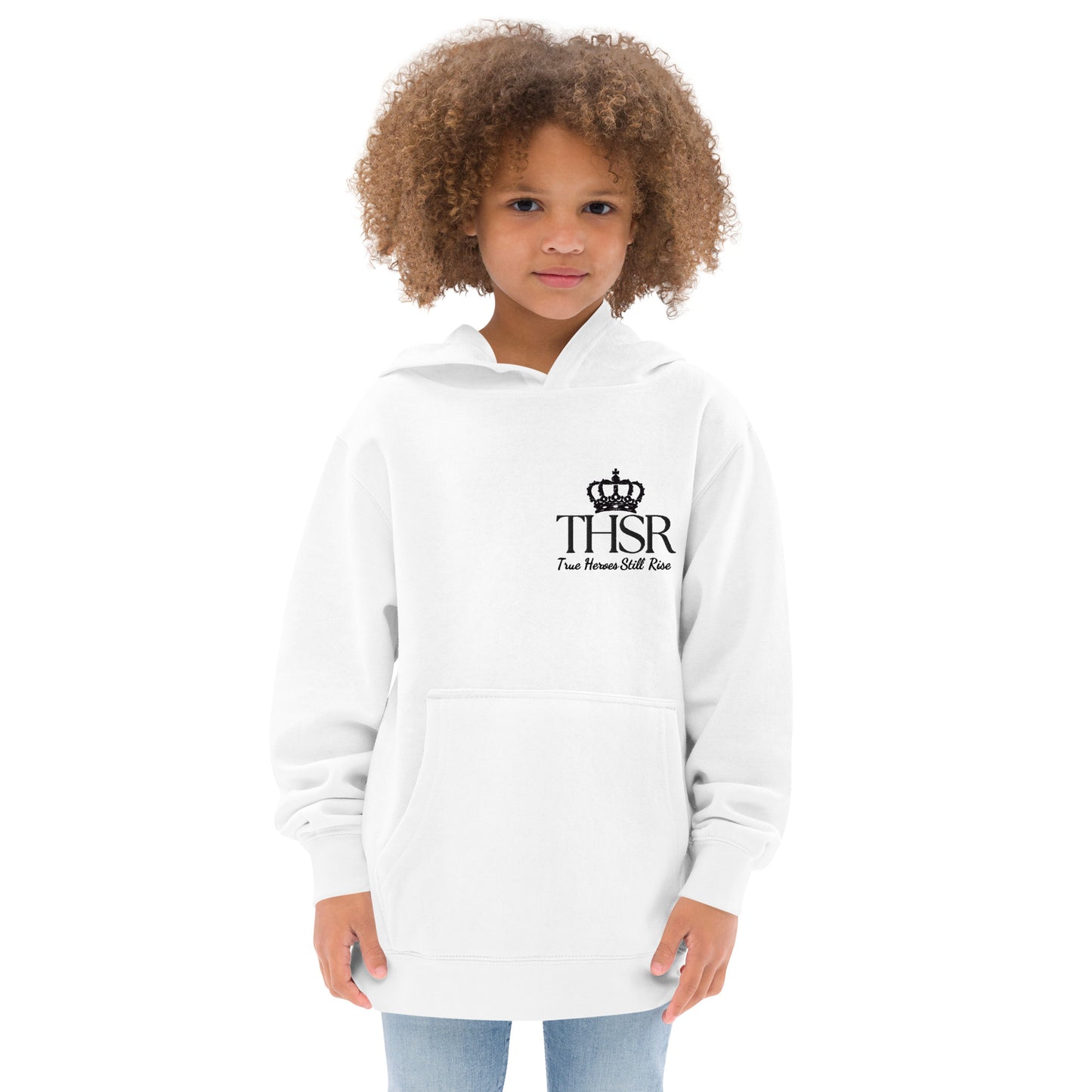 THSR Youth Pullover Hoodies with Left-Chest Logo – White Pullover Hoodies Featuring Black "THSR True Heroes Still Rise" under a crown Design for Kids