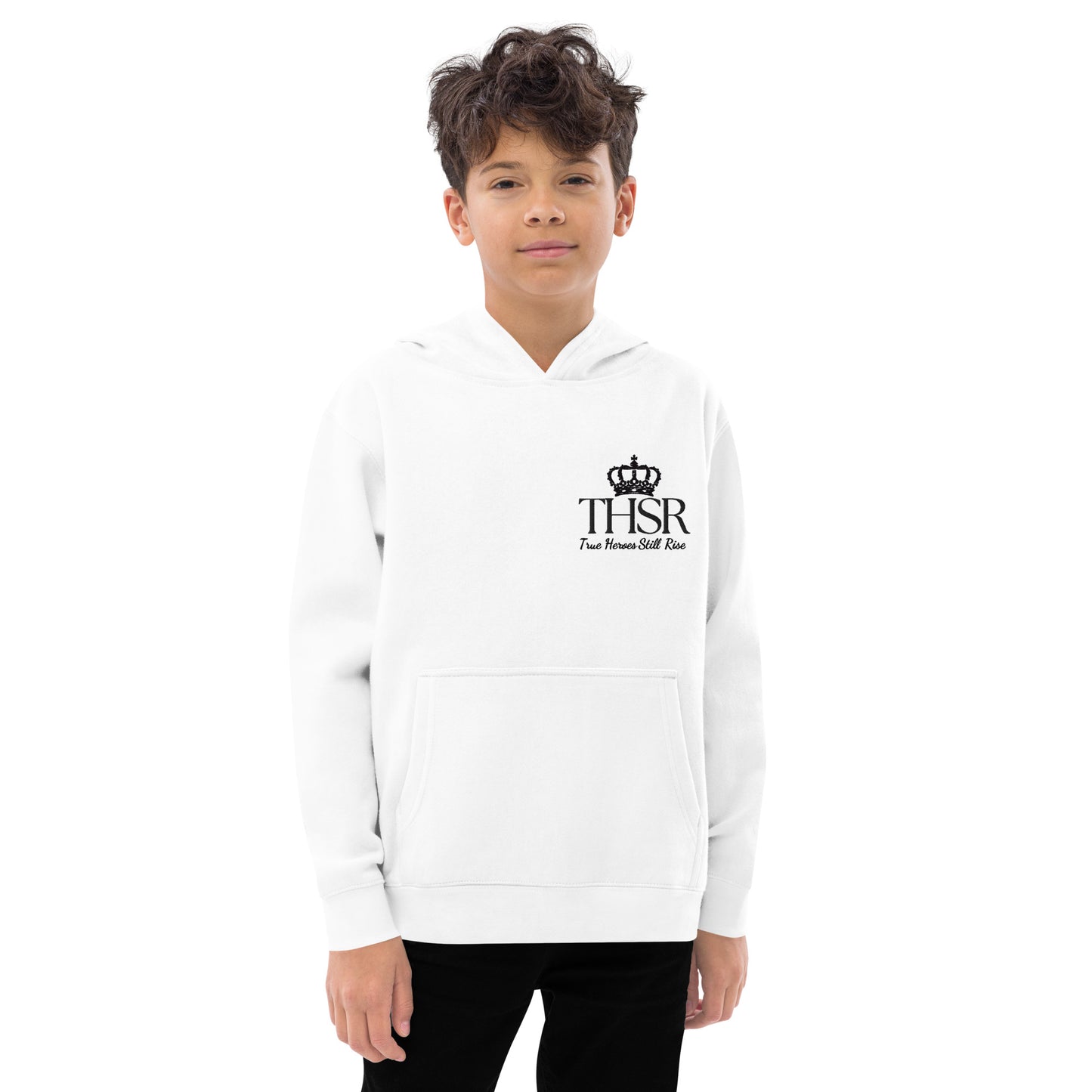 THSR Youth Pullover Hoodies with Left-Chest Logo – White Pullover Hoodies Featuring Black "THSR True Heroes Still Rise" under a crown Design for Kids