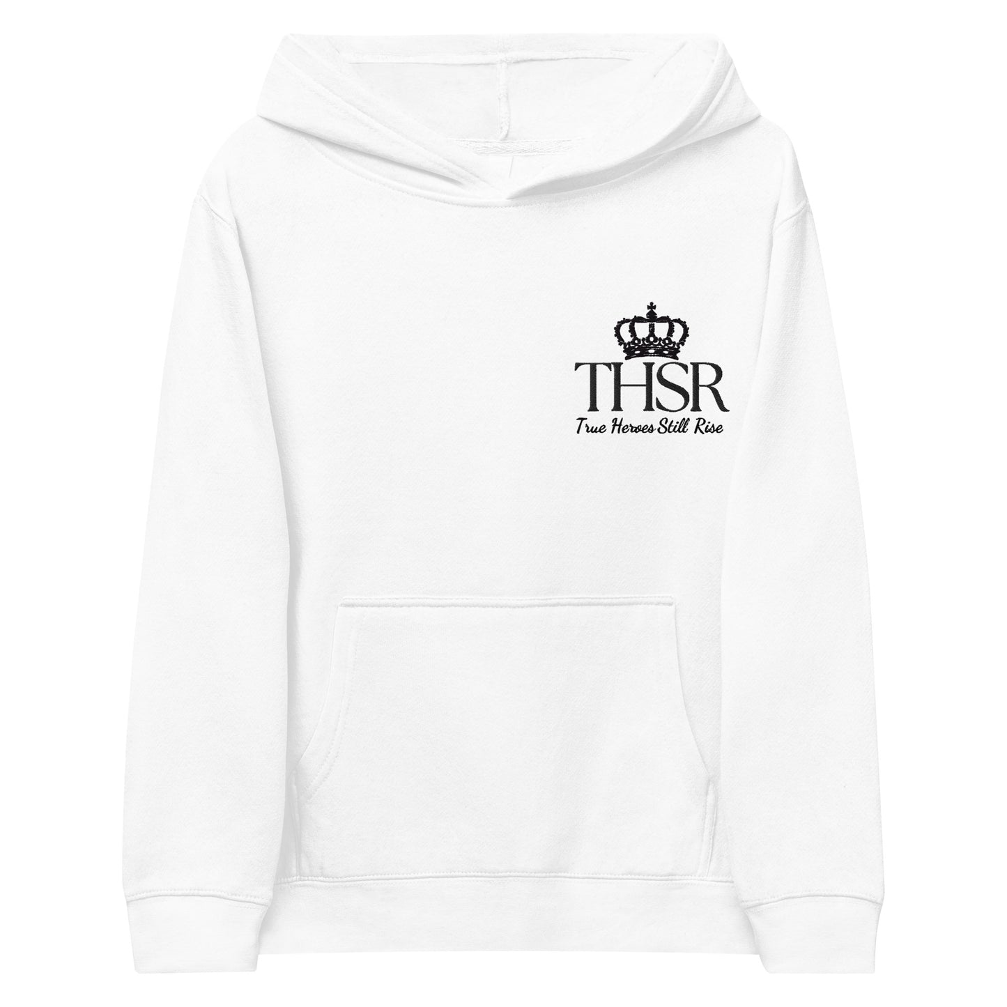 THSR Youth Pullover Hoodies with Left-Chest Logo – White Pullover Hoodies Featuring Black "THSR True Heroes Still Rise" under a crown Design for Kids