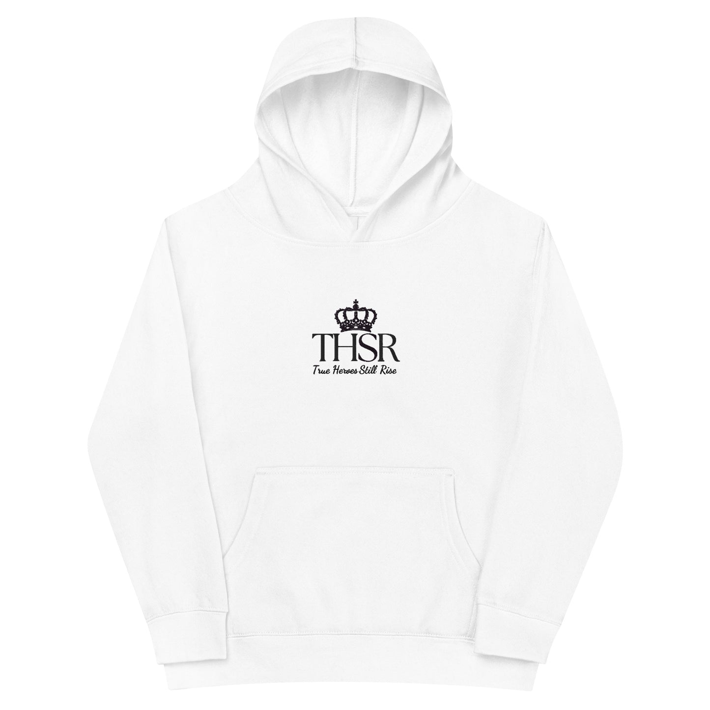 THSR Youth Pullover Hoodies with Center-Chest Logo – White Pullover Hoodies Featuring Black "THSR True Heroes Still Rise" under a crown Design for Kids