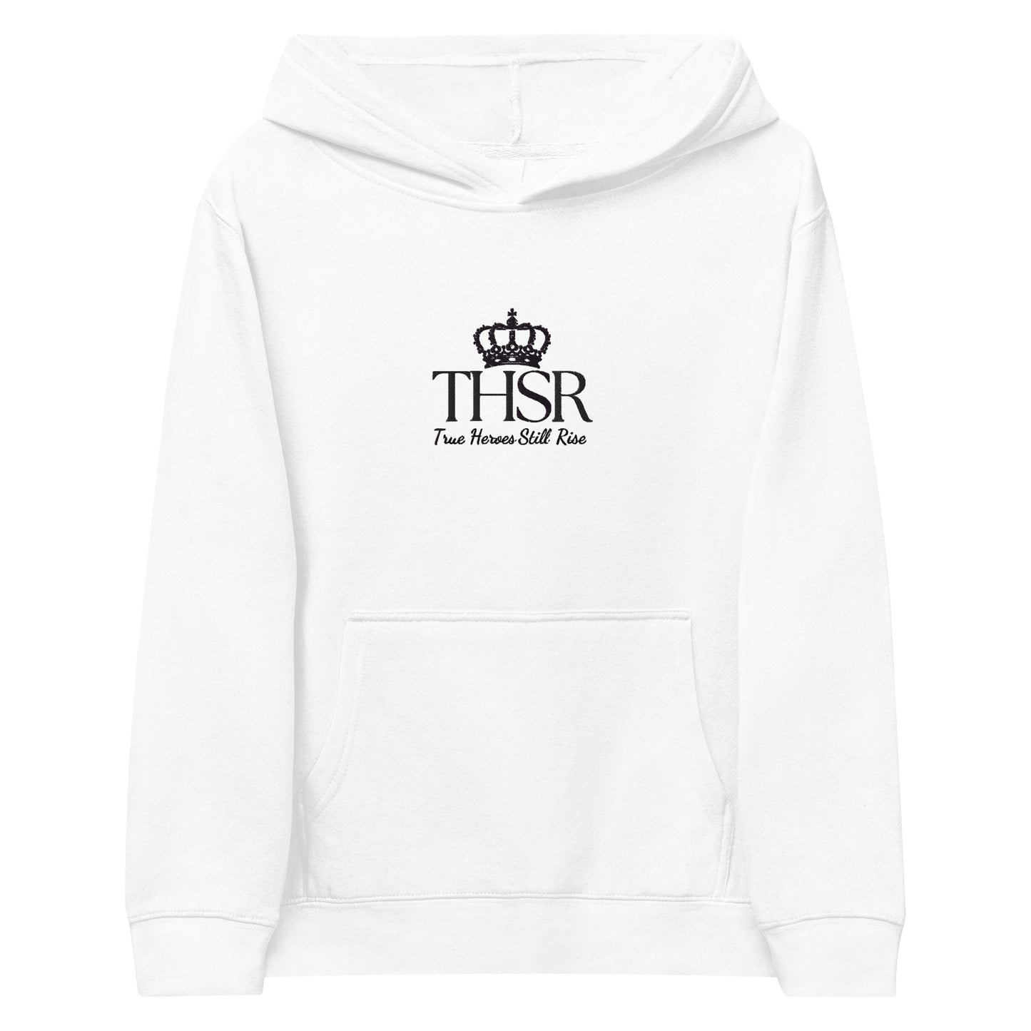 THSR Youth Pullover Hoodies with Center-Chest Logo – White Pullover Hoodies Featuring Black "THSR True Heroes Still Rise" under a crown Design for Kids